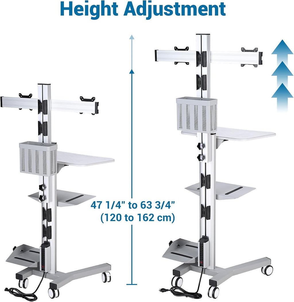 AW 32' Mobile PC Stand Workstation, Height Adjustable Dual Monitor Mount, Rolling Computer Cart on Wheels, ANSI/BIFMA X5.5-2021 Certificated Silver