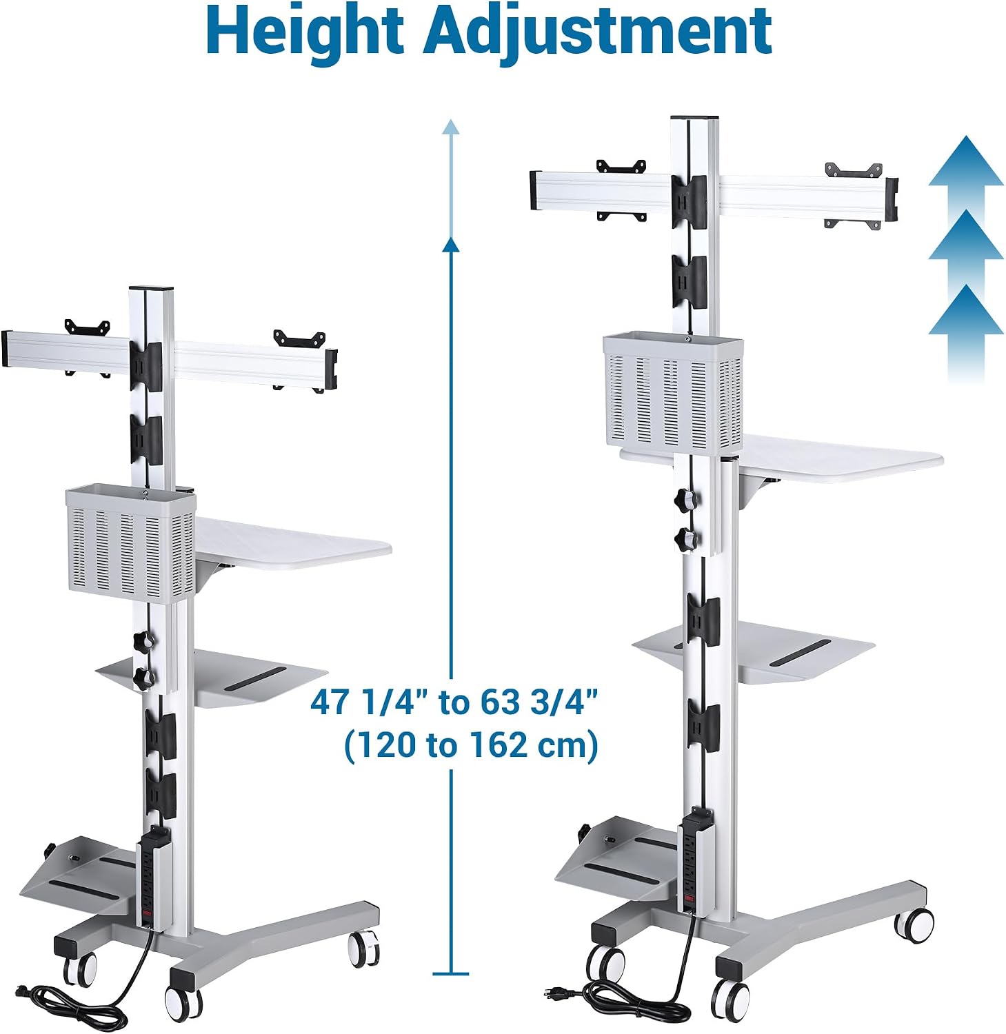 AW 32' Mobile PC Stand Workstation, Height Adjustable Dual Monitor Mount, Rolling Computer Cart on Wheels, ANSI/BIFMA X5.5-2021 Certificated Silver