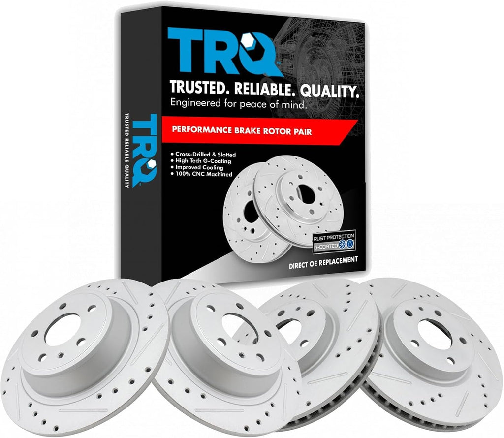 TRQ Performance Front and Rear Brake Rotor Set Coated Drilled Slotted Compatible with 13-20 Ford Fusion 13-16 Lincoln MKZ Hybrid with 302mm Rear Rotors