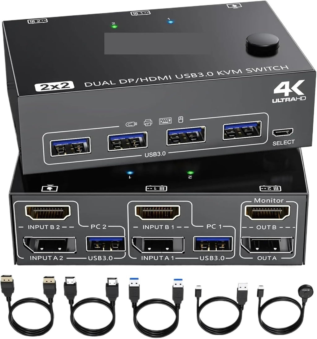 HDMI USB 3.0 Dual Monitors Displayport KVM Switch,Supports for 2 Computers Share Keyboard Mouse and Monitor