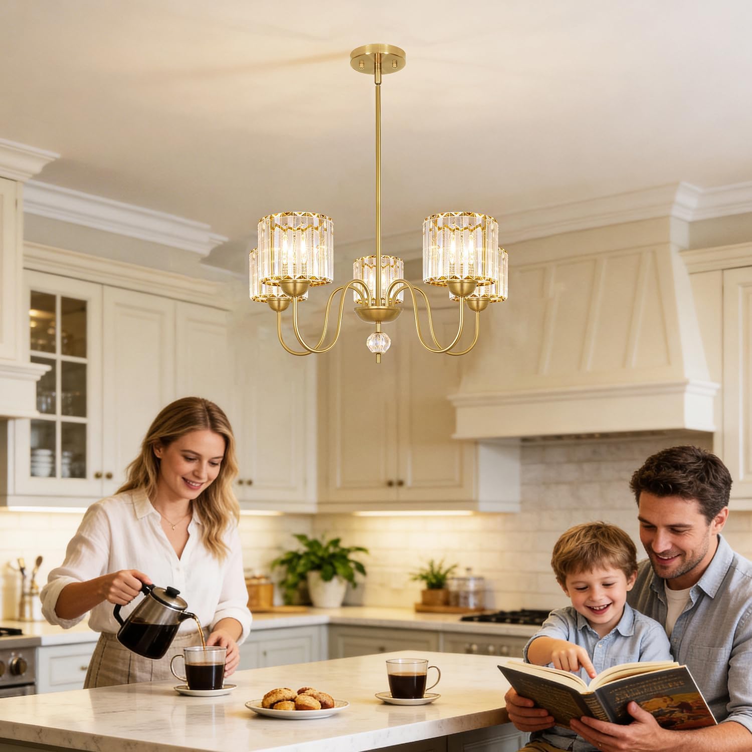 Lxybcce 27'' Gold Chandeliers for Dining Room, 5 Light Modern Chandelier Light Fixture with Crystal Shade, Chandelier Ceiling Light Fixture, Kitchen Pendant Lights Over Table for Living Room Entryway