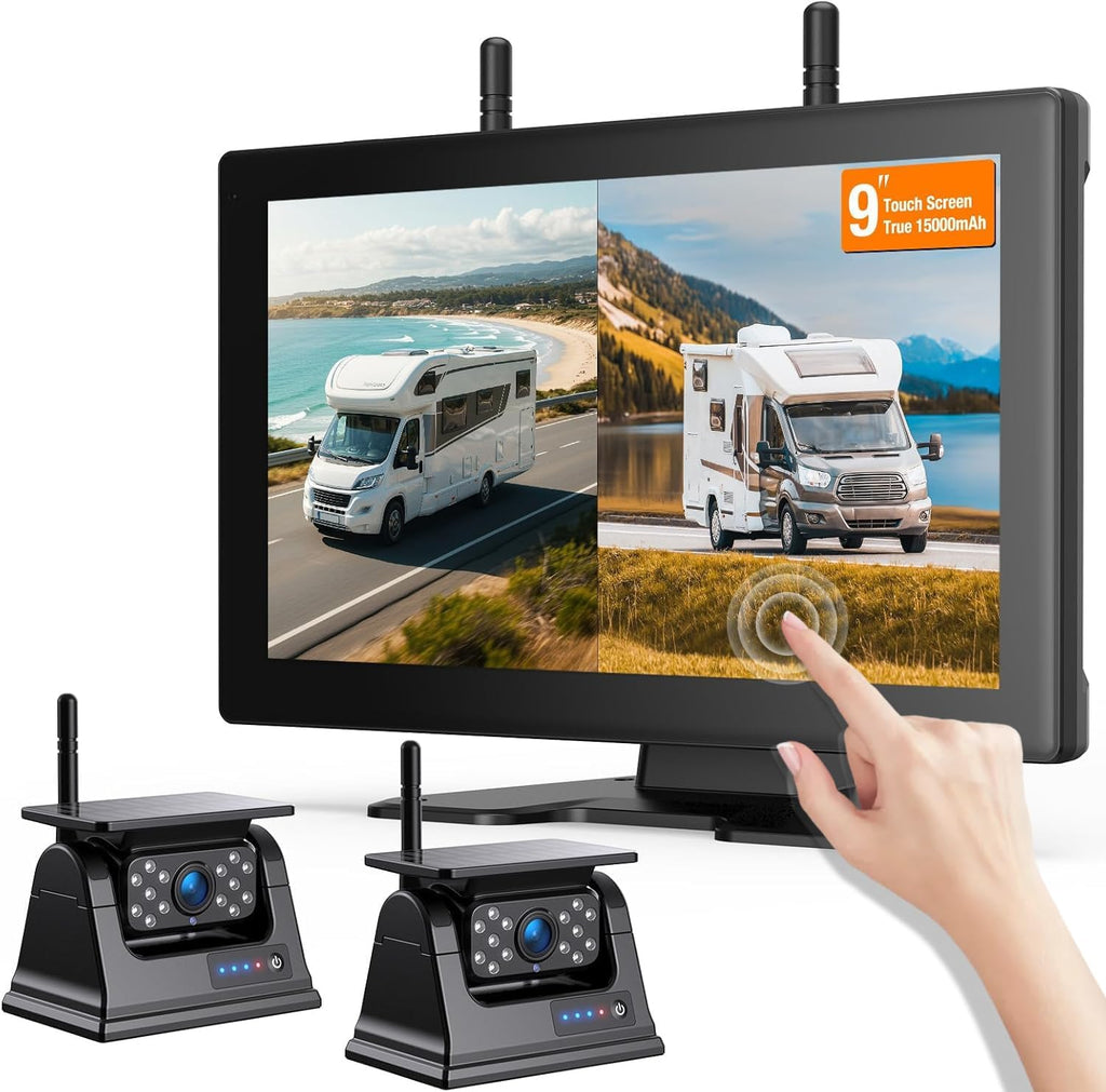 RV Backup Camera with Solar Magneti 9' Touch Key Monitor with Recording DVR No Wiring Anti-Glare Monitor with Clear Night Vision Recording 4-Channel,15000mAh Solar Battery 24H Long Life for Car Truck
