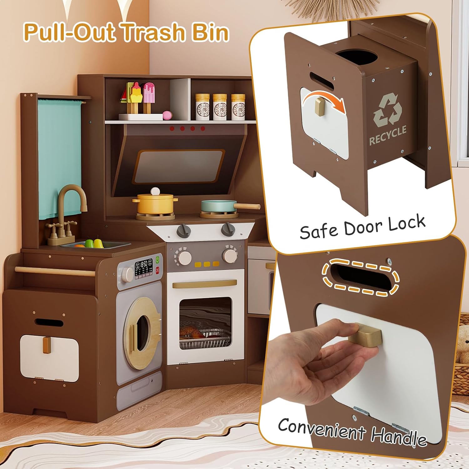 GLACER Corner Wooden Play Kitchen with Real Lights & Sounds, Pretend Kids Kitchen Playset with Trash Bin, Accessories, Dishwasher, Microwave Oven, Cooking Play Set for Toddlers Ages 3+ (Coffee)