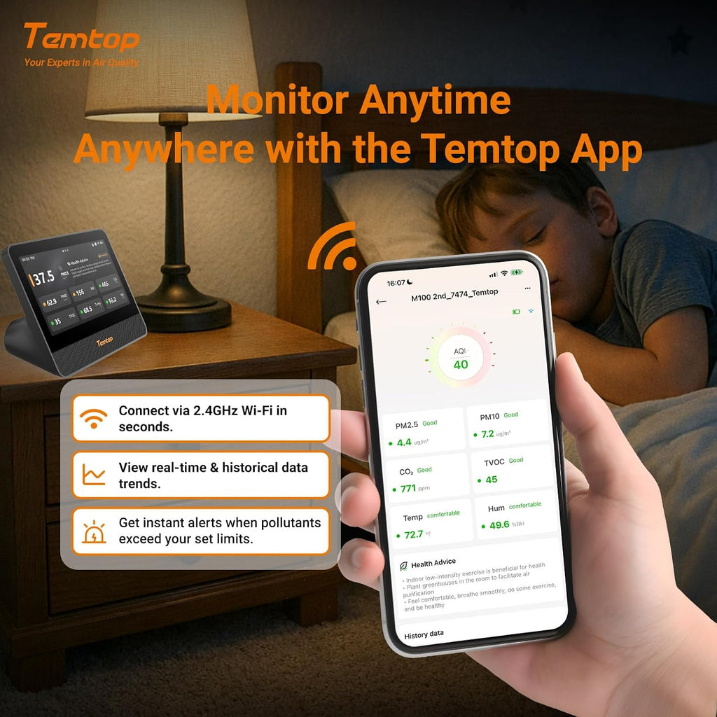 Temtop M100 2nd Gen Air Quality Monitor for Indoor Air, 7-Inch Touch Screen, Real-Time Tester for PM2.5, CO2, TVOC, Temp & Humidity, WiFi App & Multi-Room Monitoring with Smart Insights