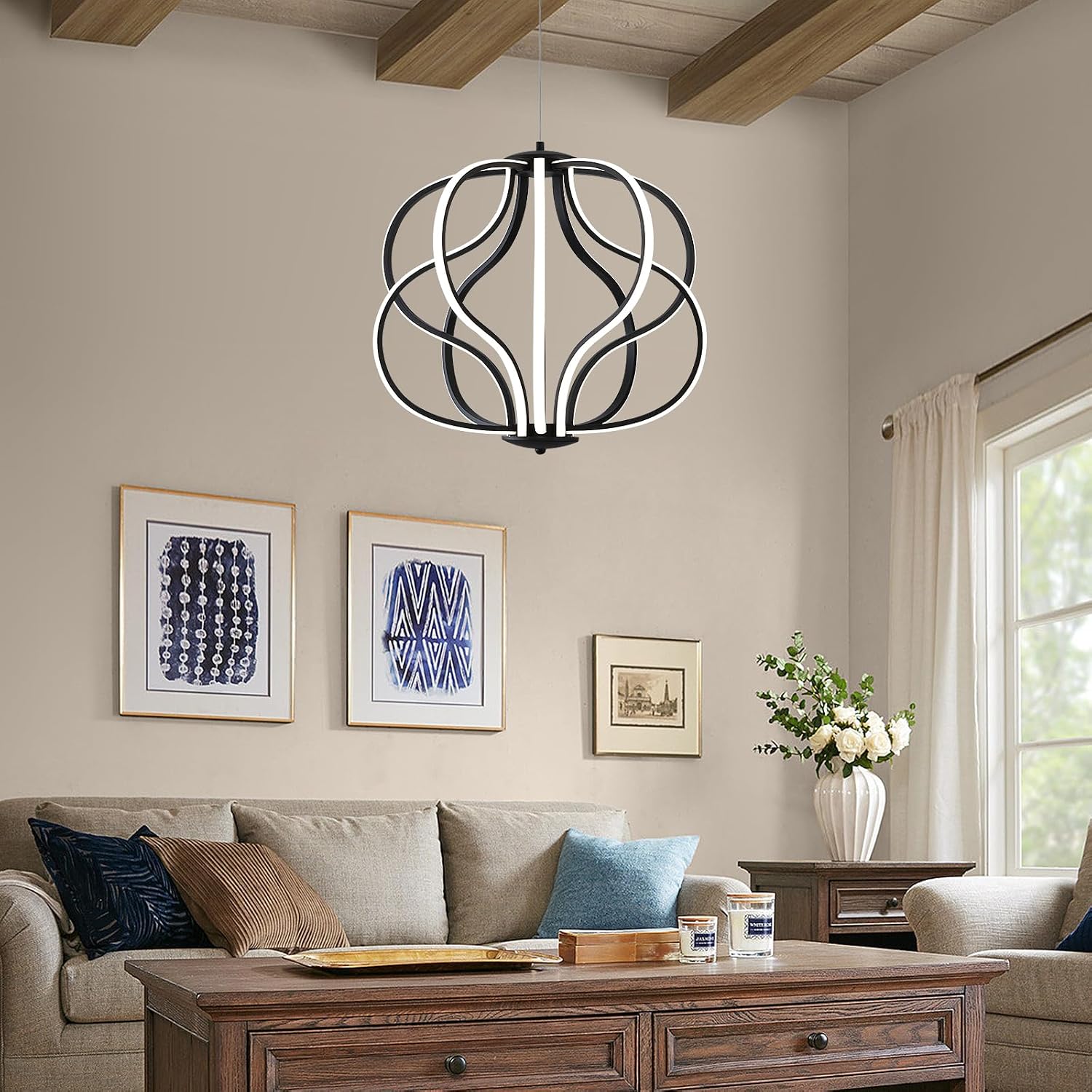 Modern LED Chandelier，Black Adjustable Hanging Chandelier ，Easy to Install, Suitable for Foyer, Dining Room, Living Room, Bedroom