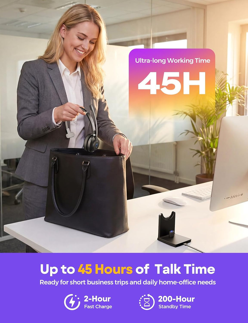 Wireless Headset with Mic for Work, Clear Sound ＆ Comfortable Computer Headset with Microphone, Bluetooth Headset with Charging Base & USB Dongle for Home/CallCenter/Teams/Zoom/Skype(Black)