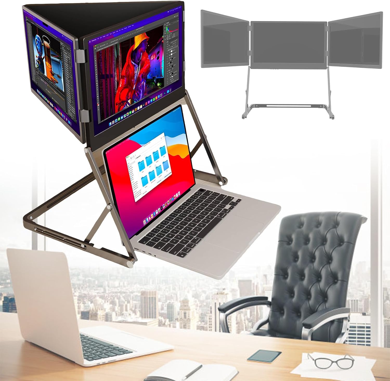 Laptop Screen Extension for 15.6' Laptops, Triple IPS FHD 1080p Screen, Full HD 1080p Display, Tri-Fold Monitor Lap Expansion Screen