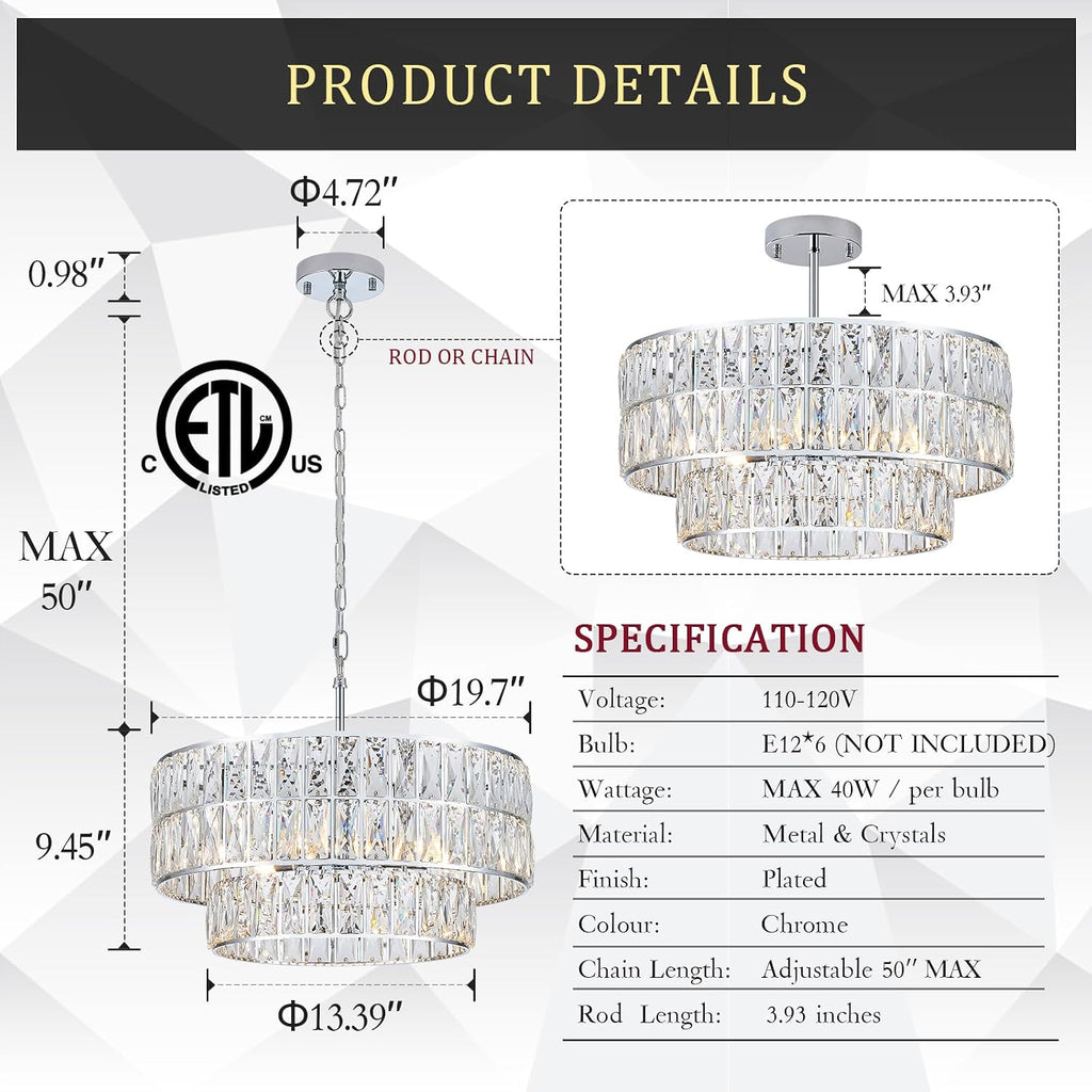 CATINER 20'' Modern Crystal Chandelier Luxury 6-Lights Chrome Semi Flush Mount Ceiling Light Fixtures Round Crystal Pendant Chandelier for Living Room Dining Room Kitchen Foyer Bedroom
