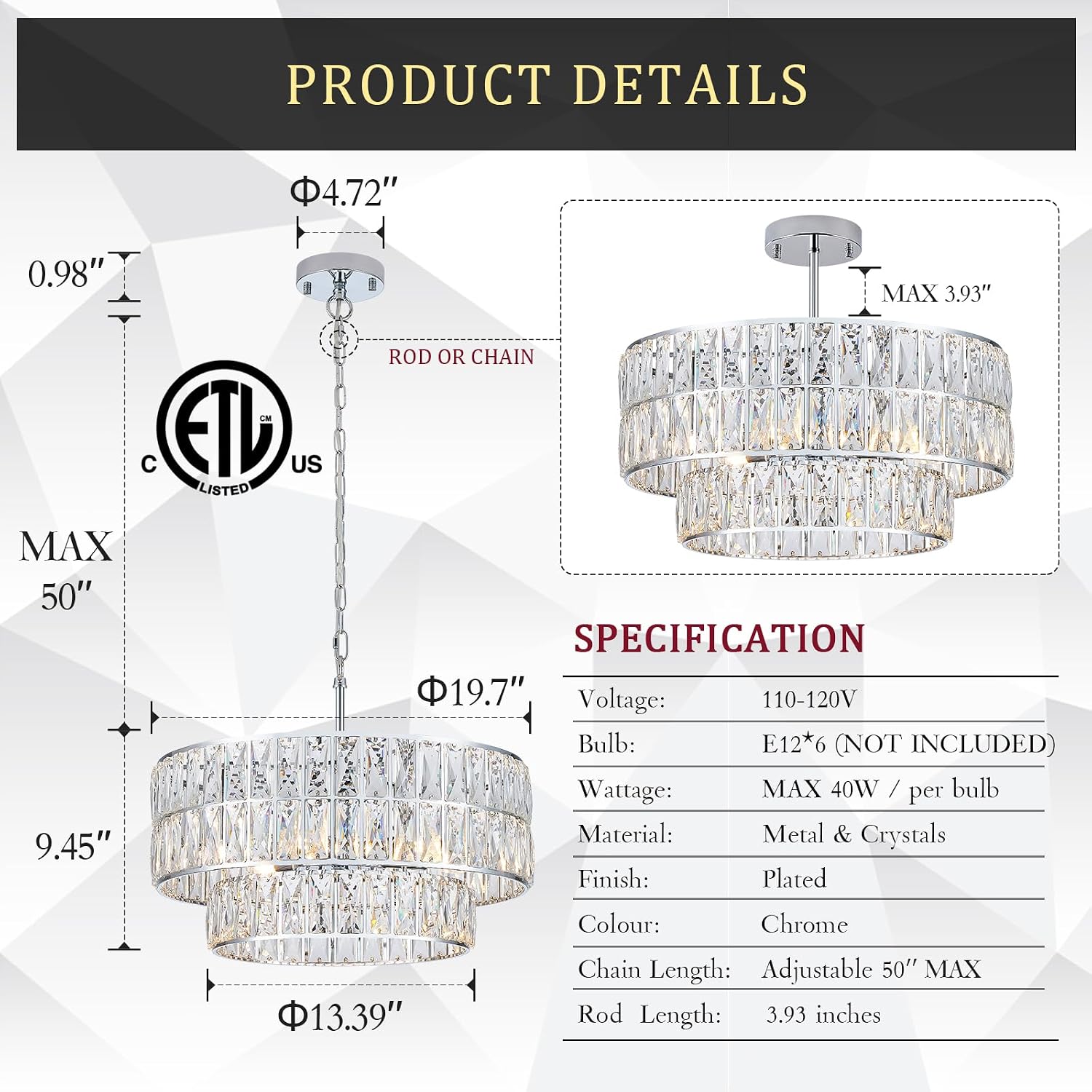 CATINER 20'' Modern Crystal Chandelier Luxury 6-Lights Chrome Semi Flush Mount Ceiling Light Fixtures Round Crystal Pendant Chandelier for Living Room Dining Room Kitchen Foyer Bedroom