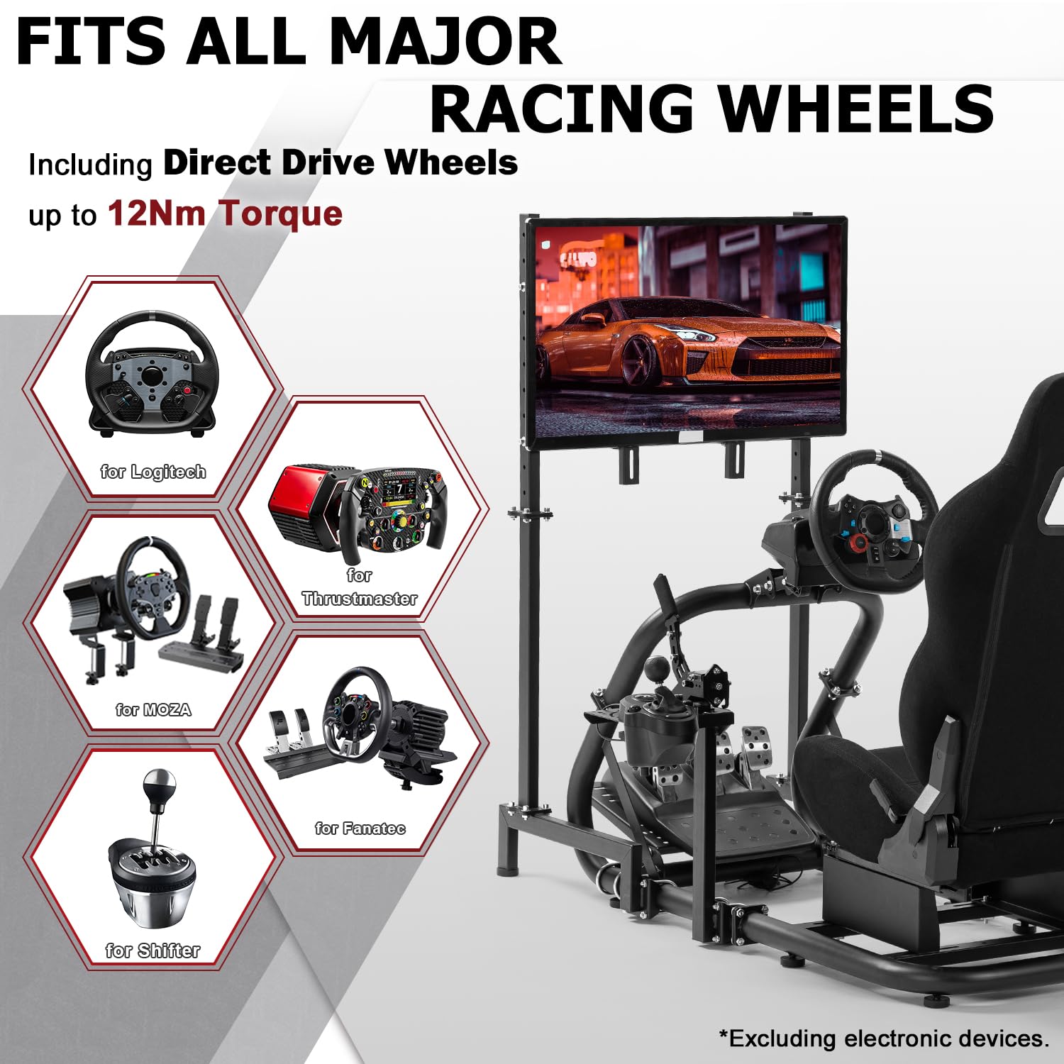 Supllueer Racing Sim Cockpit with Ergonomic Seat Fit for Logitech G27 G923 G920, for Fanatec, for Thrustmaster, 50mm Large Round Tube Driving Simulator Stand, No Steering Wheel Shift Pedal TV