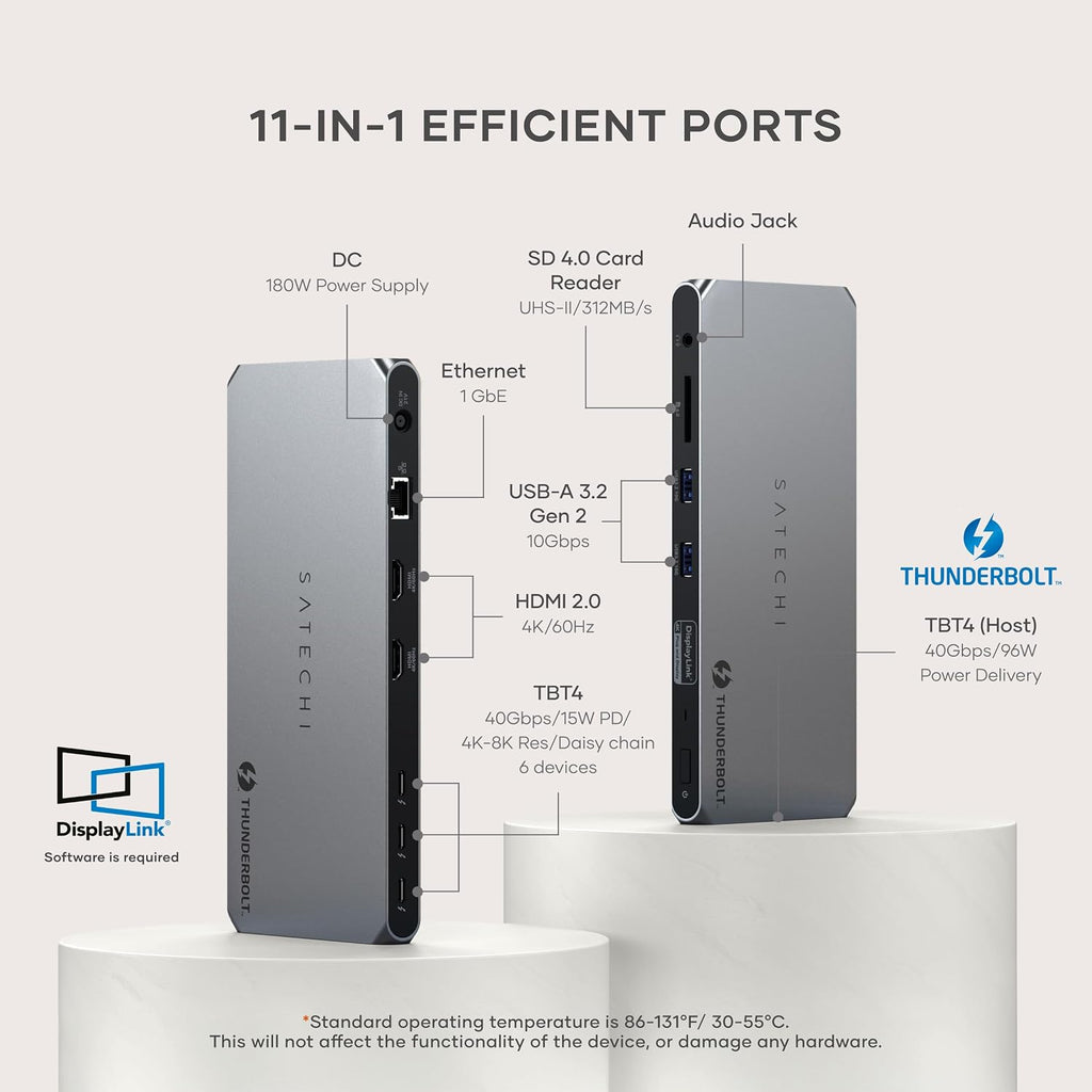 Satechi Thunderbolt 4 Dock 100W Charging, Dual Monitor HDMI 4K/60Hz, 40Gbps Data Transfer, 2 USB-A 3.2, Ethernet, Thunderbolt 4 Dock for MacBook Air/Pro M5, Mac/Windows, DisplayLink Software Required