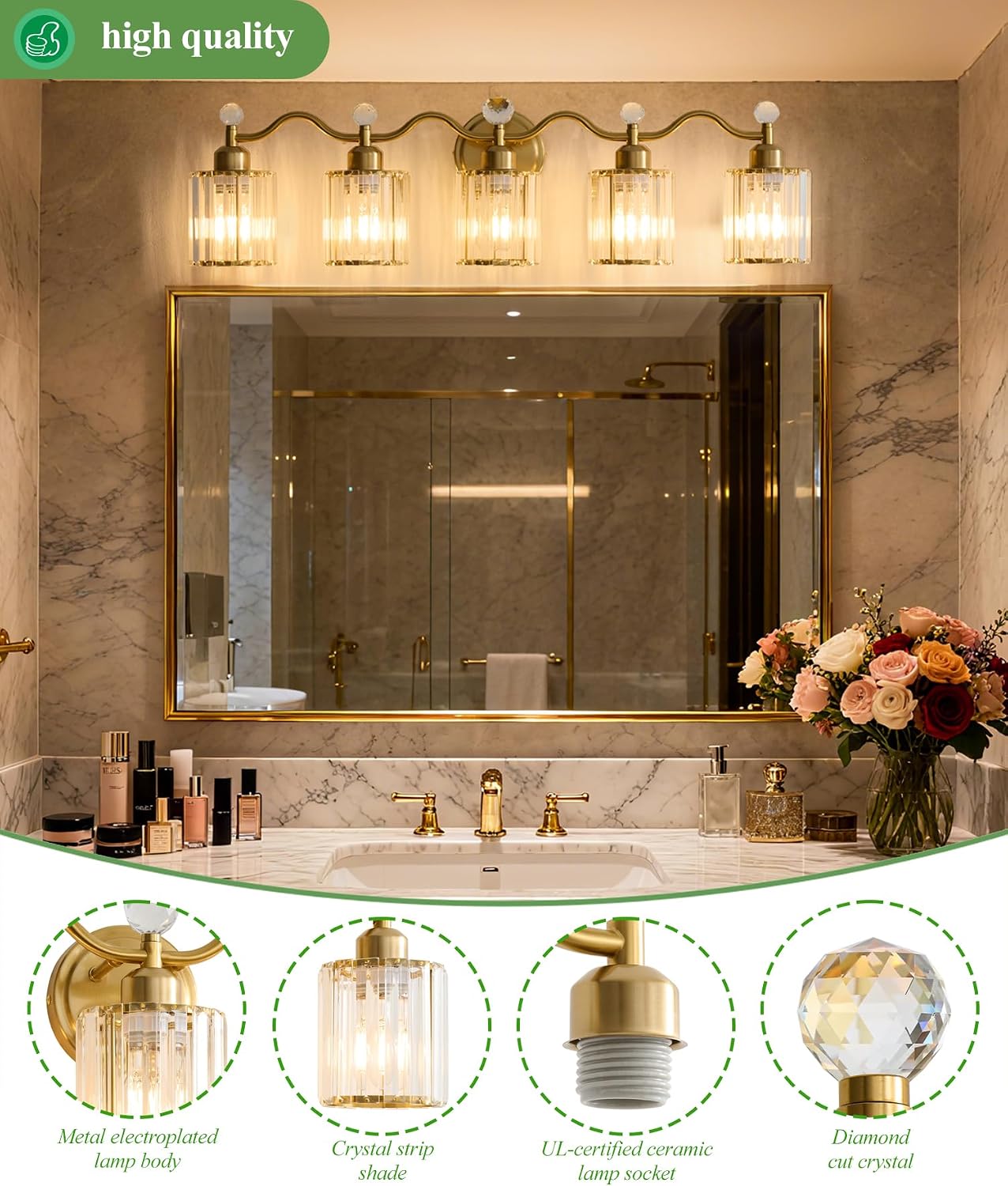 Bathroom Vanity Light Fixtures 5-lights, Gold Crystal Vanity Lights for Bath, Bathroom Lights Fixture with Clear Crystal Glass Shade, Modern Wall Light over Mirror, Wall Sconces Light for Hallway
