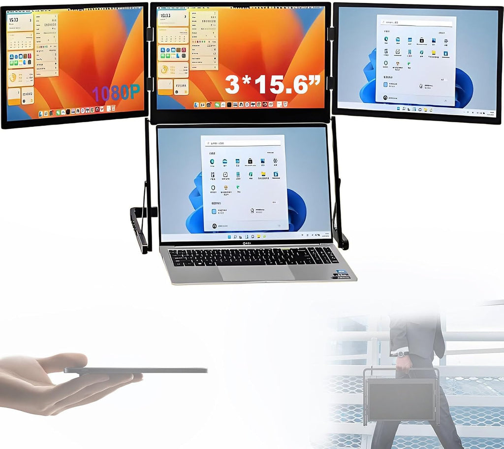 Laptop Screen Extender - 15.6' Ultra-Thin Triple Portable Monitor 1080P FHD IPS Attachment Screen Tri-Screen Travel Monitor Extender with 360° Rotation, Attach-Play for Windows/Mac