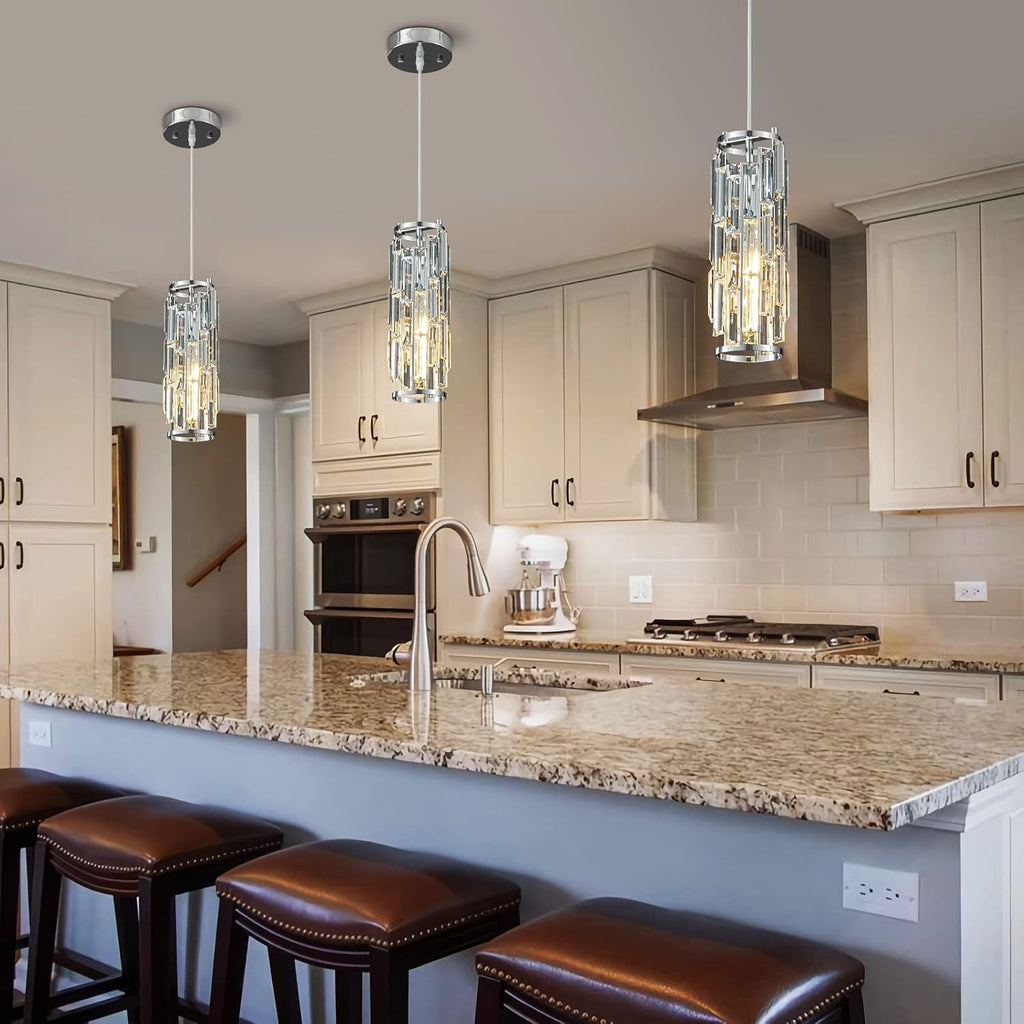 LMQNINE Pendant Lights Modern Chrome Pendant Light Mini Crystal Chandelier Pendant Lighting for Kitchen Island Dinning Room Bedroom Kitchen Sink Lighting (Chrome 3-Pack)