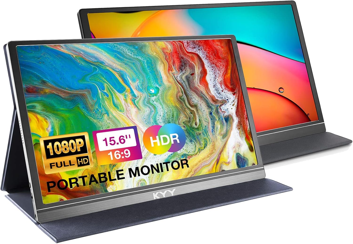 KYY 15.6'' Portable Monitor Bundle [K3 Grey & K3-1 Black] 1080P FHD USB-C Laptop Monitor HDMI Computer Display HDR IPS Gaming Monitor w/Smart Cover & Dual Speakers, for Laptop PC Phone PS4 Xbox Switch