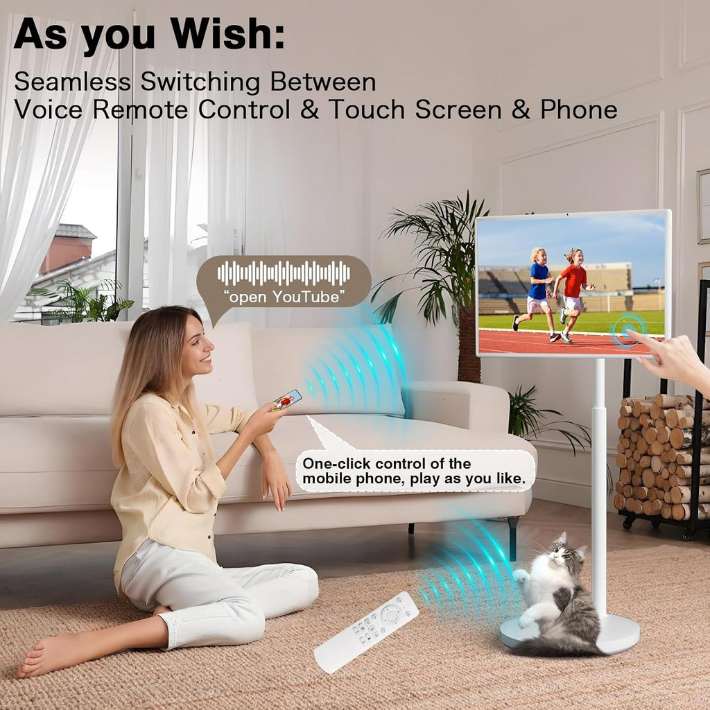 yezrow® Portable TV on Wheels, UHD 4K Portable Touch Screen Monitor, 8+128GB, Android 13 (Support Google Play Store), Built-in Battery(5-8H), Full Swivel Rotation, Voice Remote Control (32 inches Pro)
