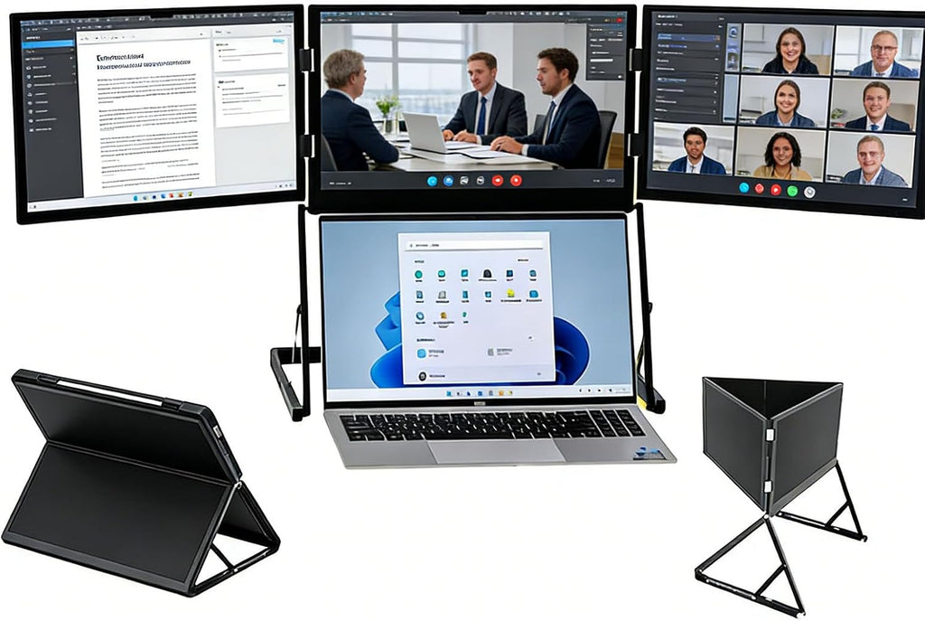 15.6'Laptop Tri-Fold Monitor, 1080p Fhd Portable Laptop Screen Extender, Type-C/HDMI/USB-C Plug-Play Triple Monitor with 360° Rotation Adjustable Viewing Angles Compatible