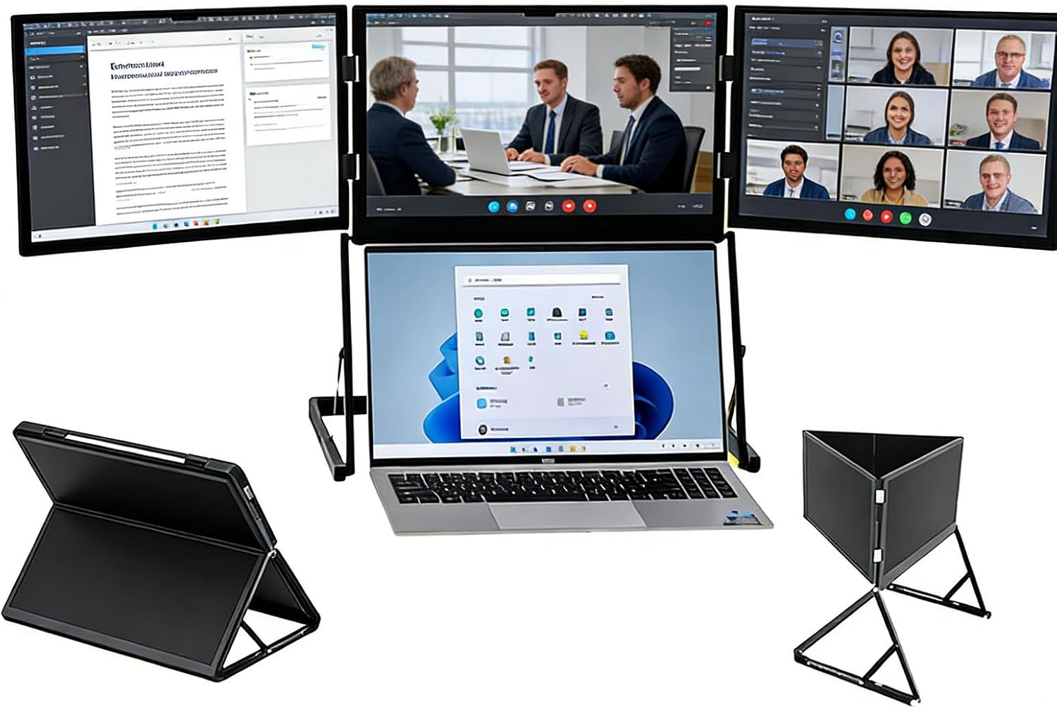 15.6'Laptop Tri-Fold Monitor, 1080p Fhd Portable Laptop Screen Extender, Type-C/HDMI/USB-C Plug-Play Triple Monitor with 360° Rotation Adjustable Viewing Angles Compatible
