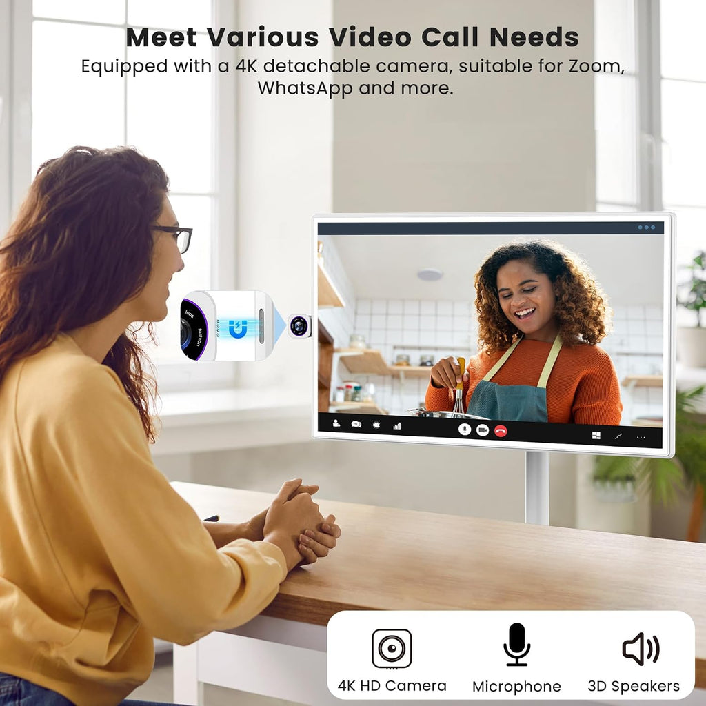 BIGASUO 32' Smart Portable TV on Wheels, 1080P FHD Touchscreen Monitor, 8GB RAM 128GB ROM, Android 13 OS, Rolling TV with Built-in 6H Battery, Full Swivel Rotation, Remote Control, White Design