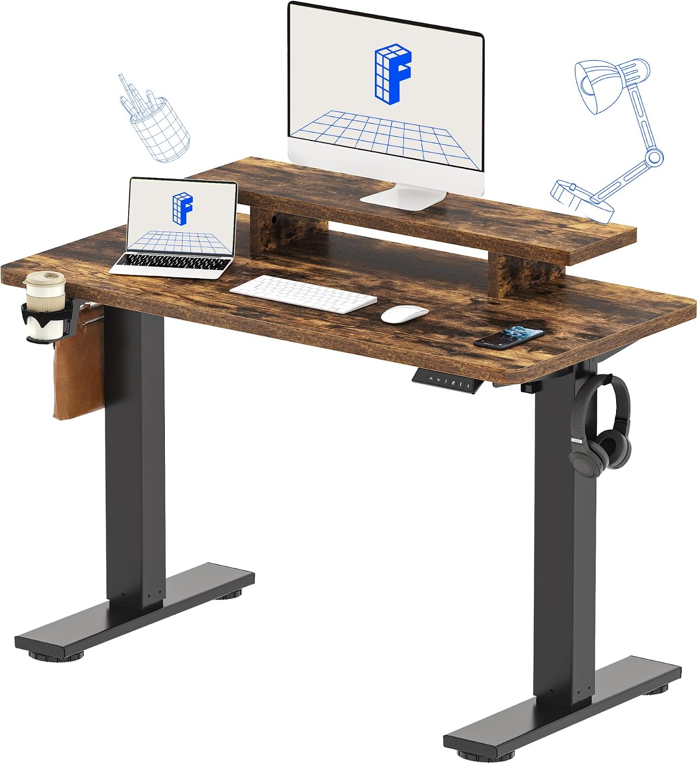 FLEXISPOT Standing Desk with Monitor Stand, 48 x 24 Inches One-Piece Electric Height Adjustable Computer Desk with Cup Holder for Home Office, Rustic