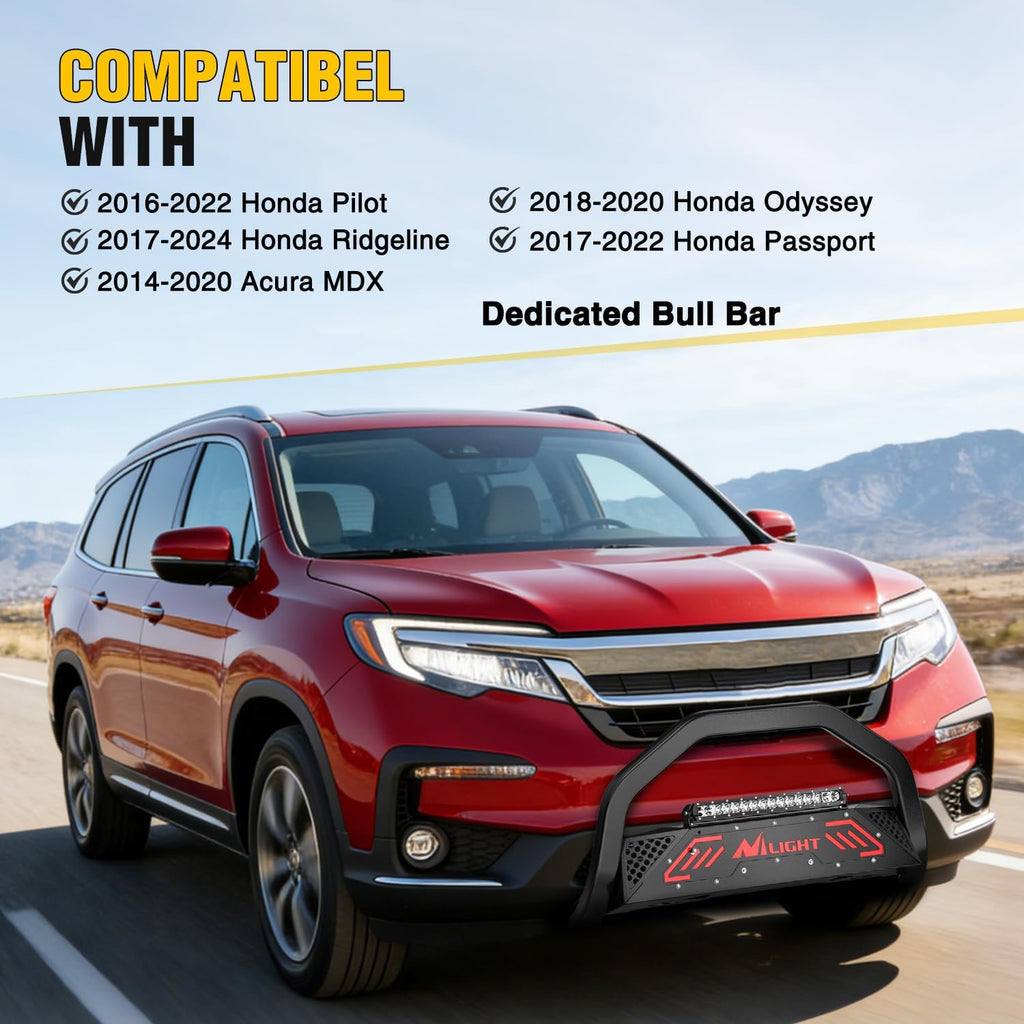 Nilight Bull Bar with Light fits 2016-2022 Honda Pilot, 2017-2024 Ridgeline, 2018-2020 Odyssey, 2017-2022 Passport, 2014-2020 Acura MDX Front Bumper Grille Brush Guard w/Skid Plate Licence Plate Hole
