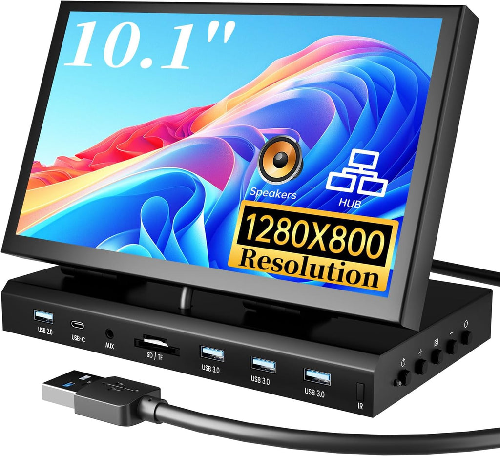 10.1' Small Monitor for PC Raspberry Pi, 1280x720 IPS Mini Monitor Multi-Port Docking Station Built-in USB Hub &Dual Speakers, Raspberry Pi Display for DIY Projects,Gaming & Aida64 CPU GPU Monitoring
