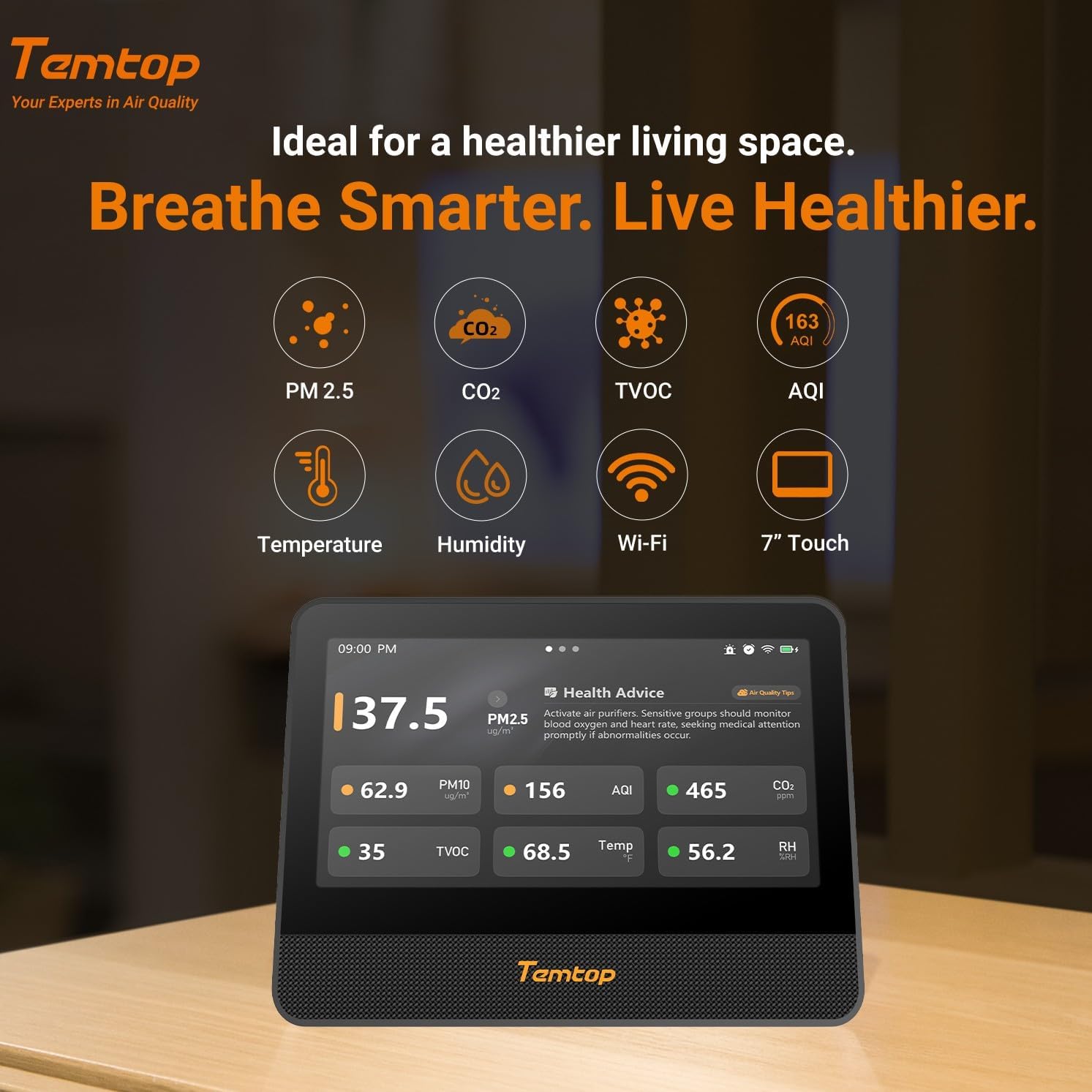 Temtop M100 2nd Gen Air Quality Monitor for Indoor Air, 7-Inch Touch Screen, Real-Time Tester for PM2.5, CO2, TVOC, Temp & Humidity, WiFi App & Multi-Room Monitoring with Smart Insights