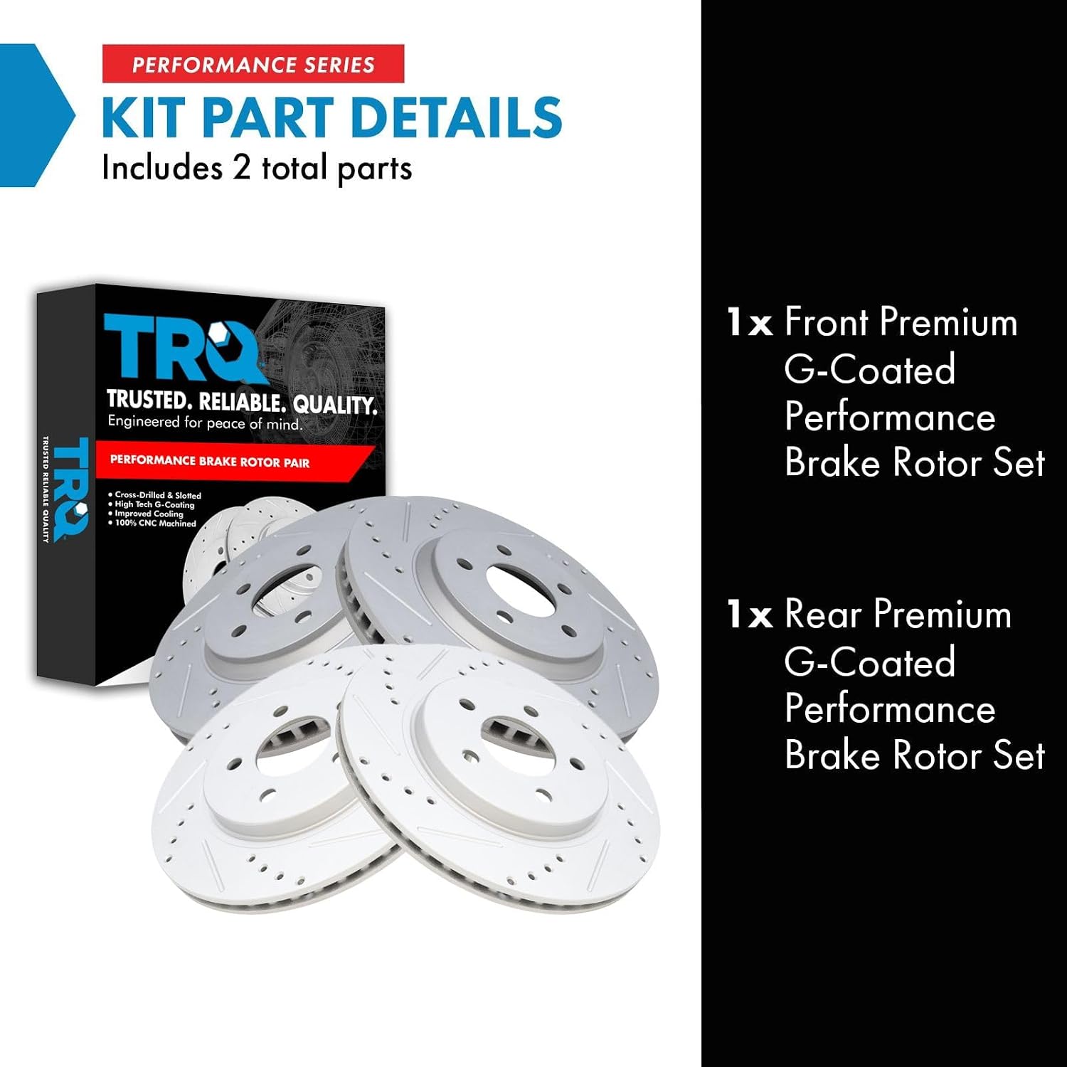 TRQ Performance Front and Rear Brake Rotor Set G Coated Drilled and Slotted Compatible with 2005-2014 Ford Mustang
