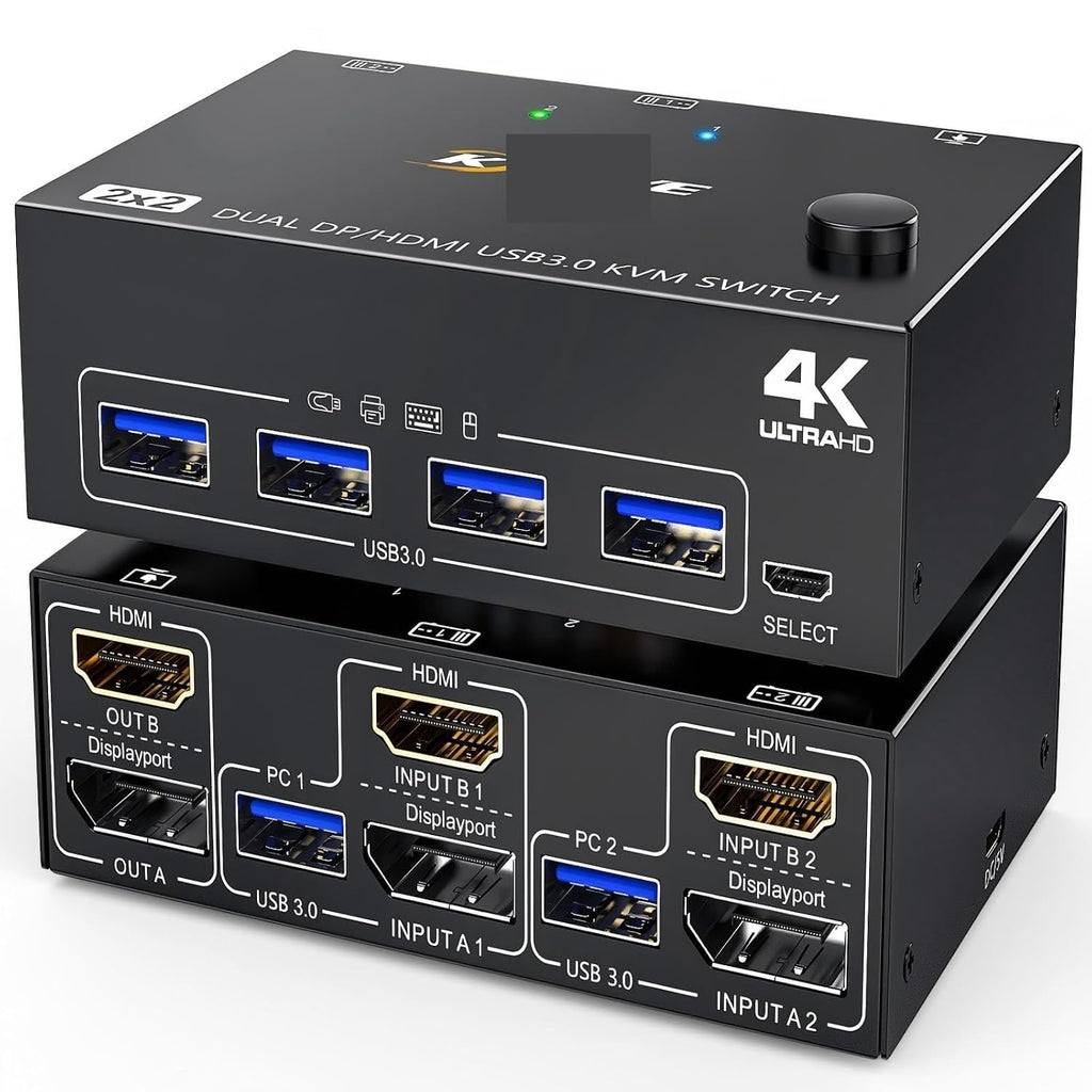 USB 3.0 Dual Monitor KVM Switch HDMI + Displayport 4K@60Hz K@120Hz，KVM Switch for 2 Computer Share 2 Display and 4 USB3.0 Device