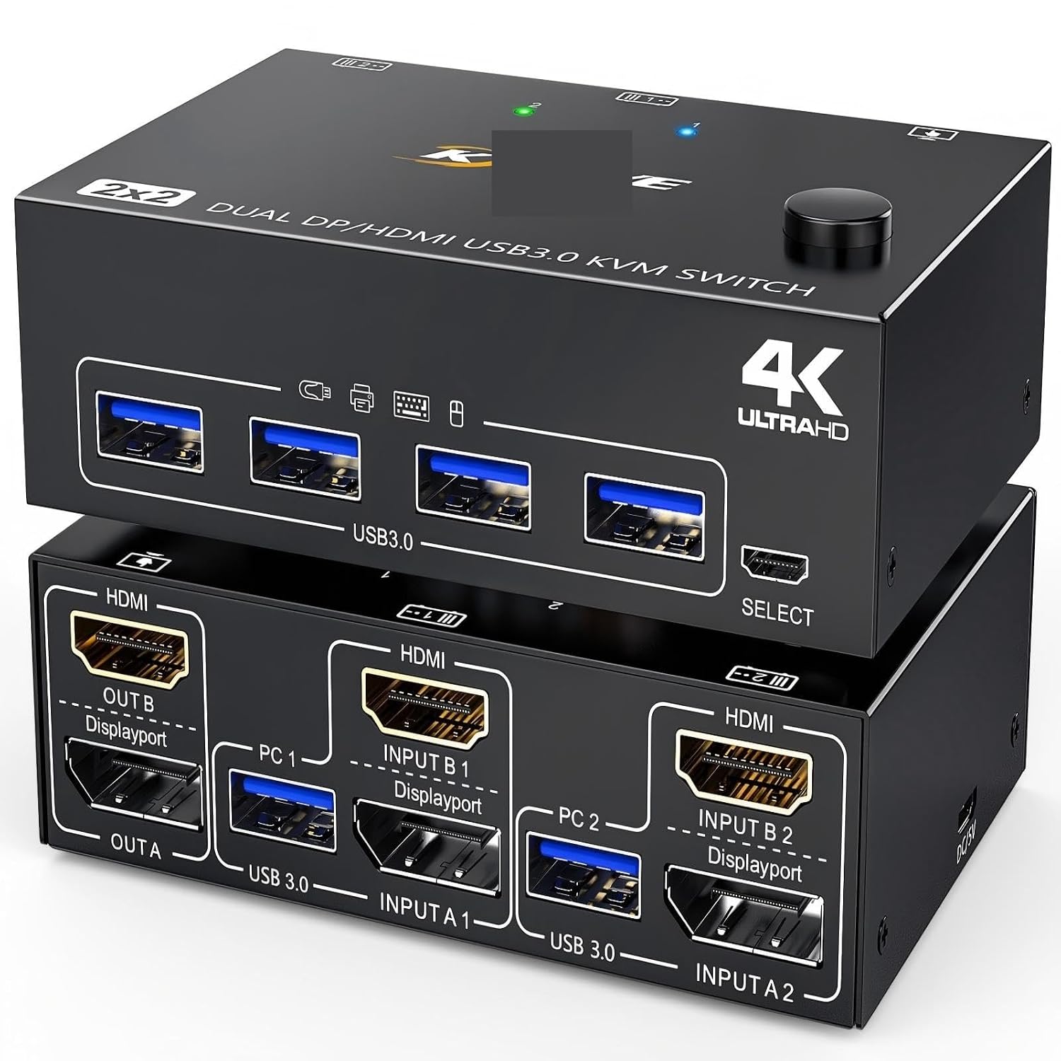 USB 3.0 Dual Monitor KVM Switch HDMI + Displayport 4K@60Hz K@120Hz，KVM Switch for 2 Computer Share 2 Display and 4 USB3.0 Device