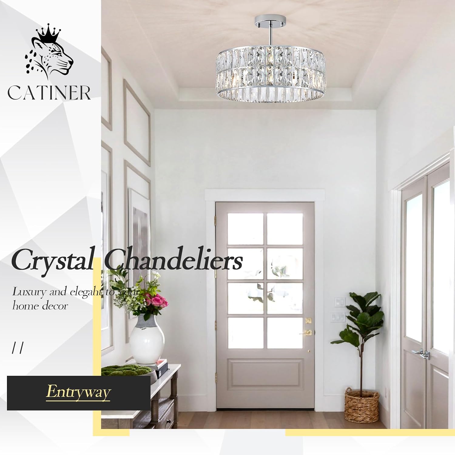 CATINER Modern Crystal Chandelier 18'Chrome Semi Flush Mount Ceiling Light Fixtures 6-Lights Drum Crystal Pendant Lighting for Dining Room Foyer Bedroom Living Room