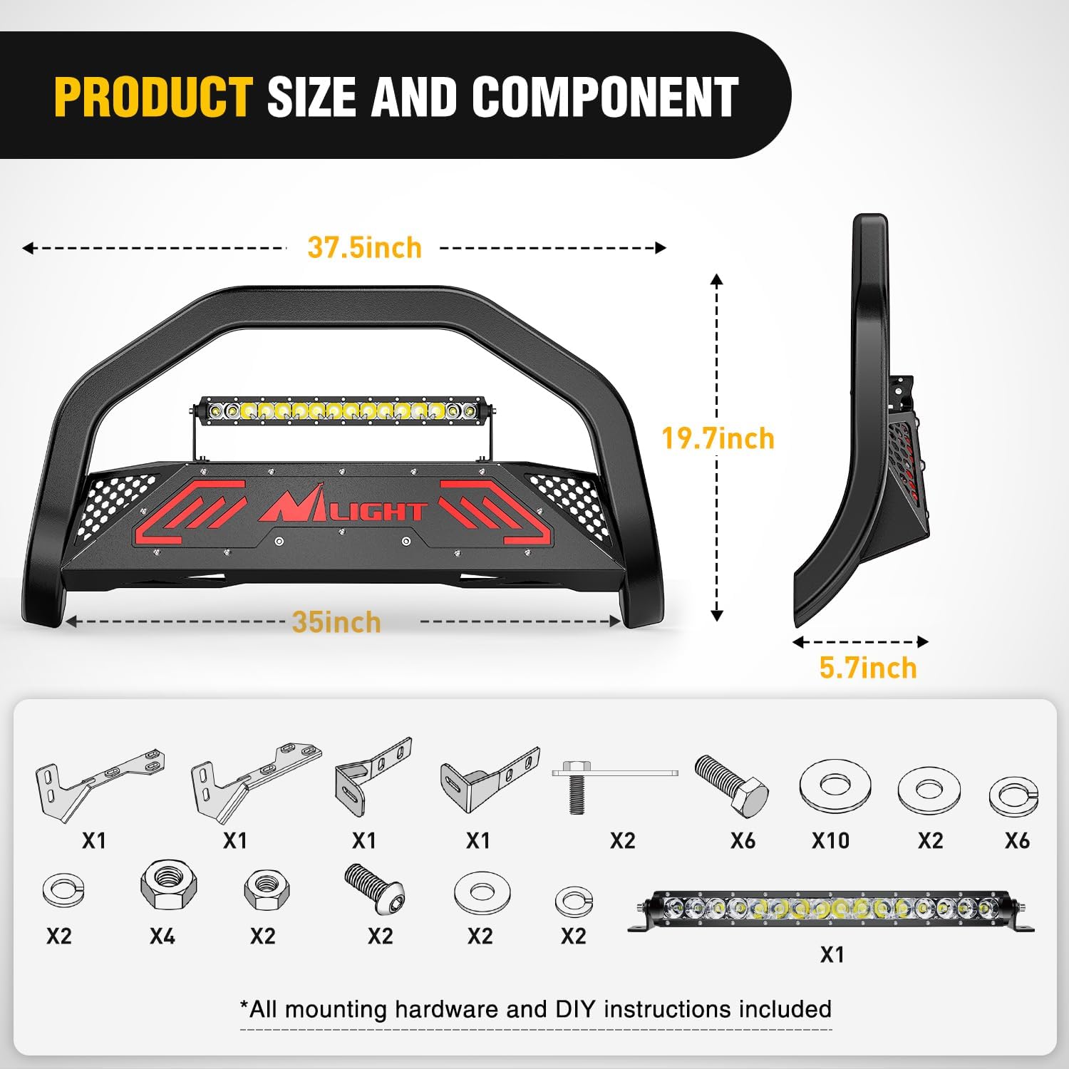 Nilight Bull Bar with Light fits Dodge Ram 1500 New Body 2019-2024 (Not fit Rebel,TRX,Classic & 20-22Diesel) Front Bumper Grille Brush Push Guard with Skid Plate Licence Hole Black