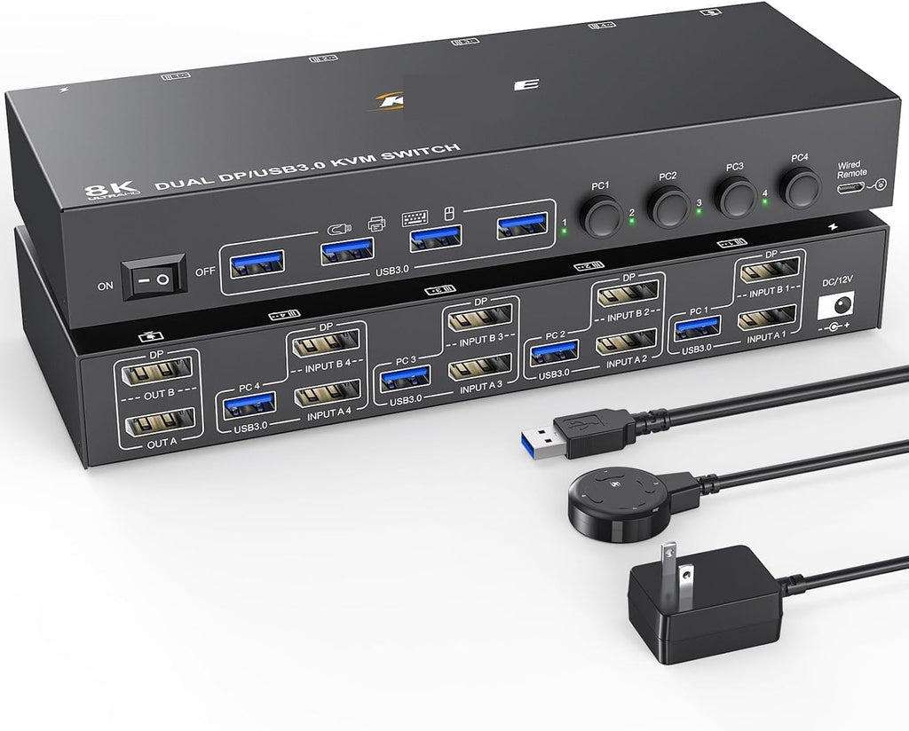 KVM Switch 4 Computer 2 Monitors Displayport USB 3.0 KVM Switcher Supports 4K@60Hz for 4 DP Computers Share 2 DP Monitors(US Plug)
