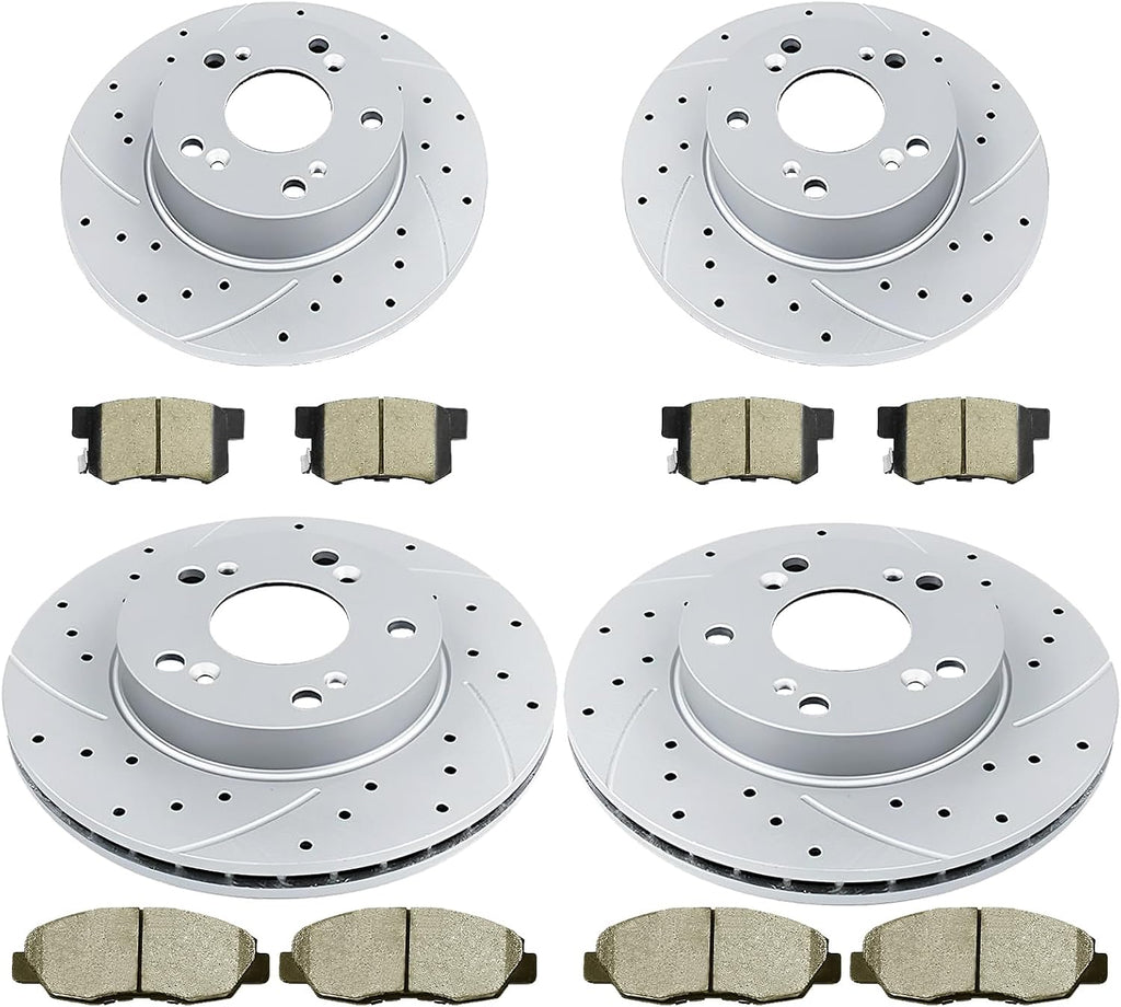 Acinoparts Brake Kit Front （10.31 Inch）and Rear （10.24 Inch）Drilled and Slotted Brake Rotors Ceramic Brake Pads for Honda Civic （4-Wheel Disc Brakes）2006 2007 2008 2009 2010 2011