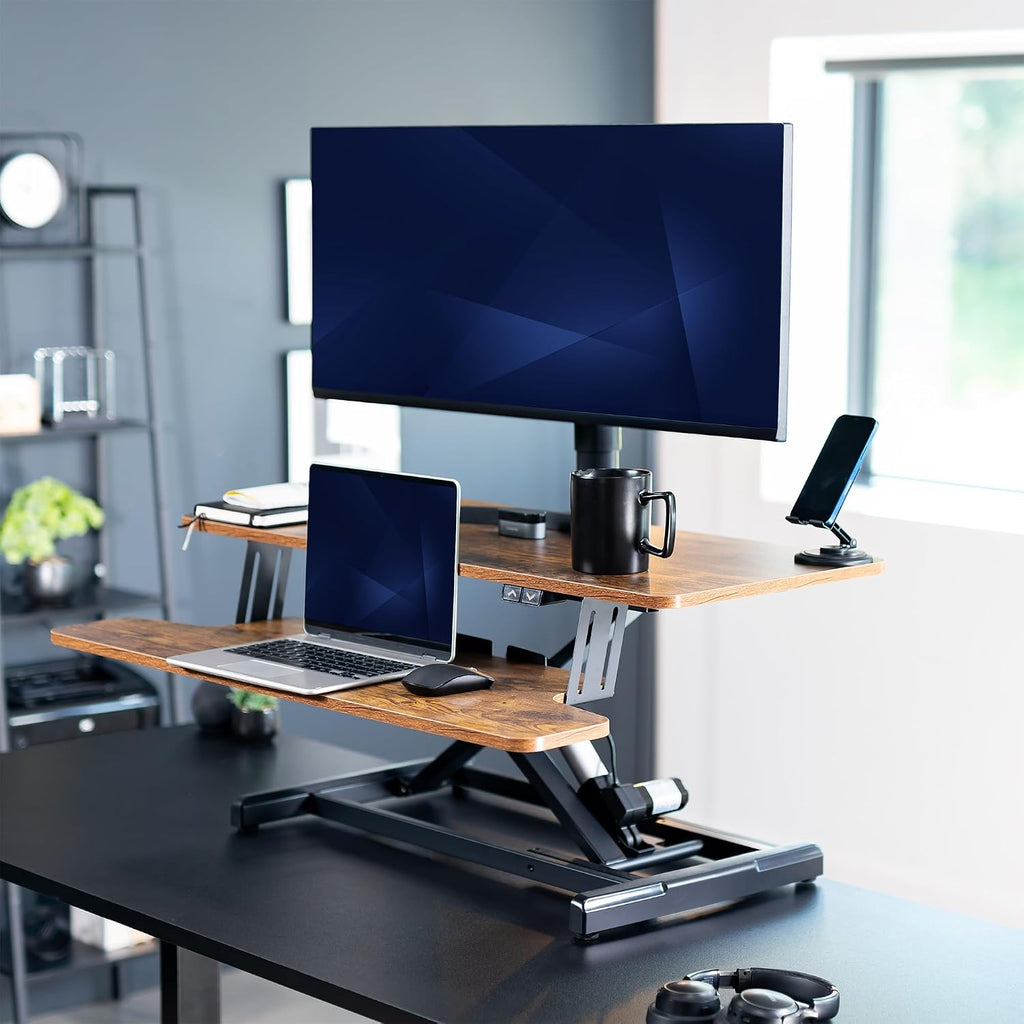 VIVO 36 inch Electric Motor Desk Converter, Height Adjustable Riser, Sit to Stand Dual Monitor and Laptop Workstation with Wide Keyboard Tray, Vintage Brown, DESK-VE36N