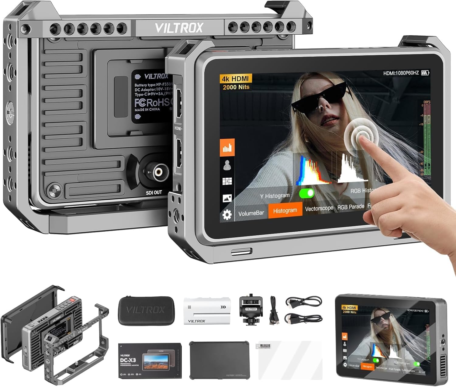 VILTROX DC-X3 Cage 6' SDI Camera Field Monitors 2000nits Super Bright Daylight Viewable External Monitor for 4k HDMI DSLR Touchscreen Monitor for Sony Canon Nikon with Sunshield 2200 MAh Battery