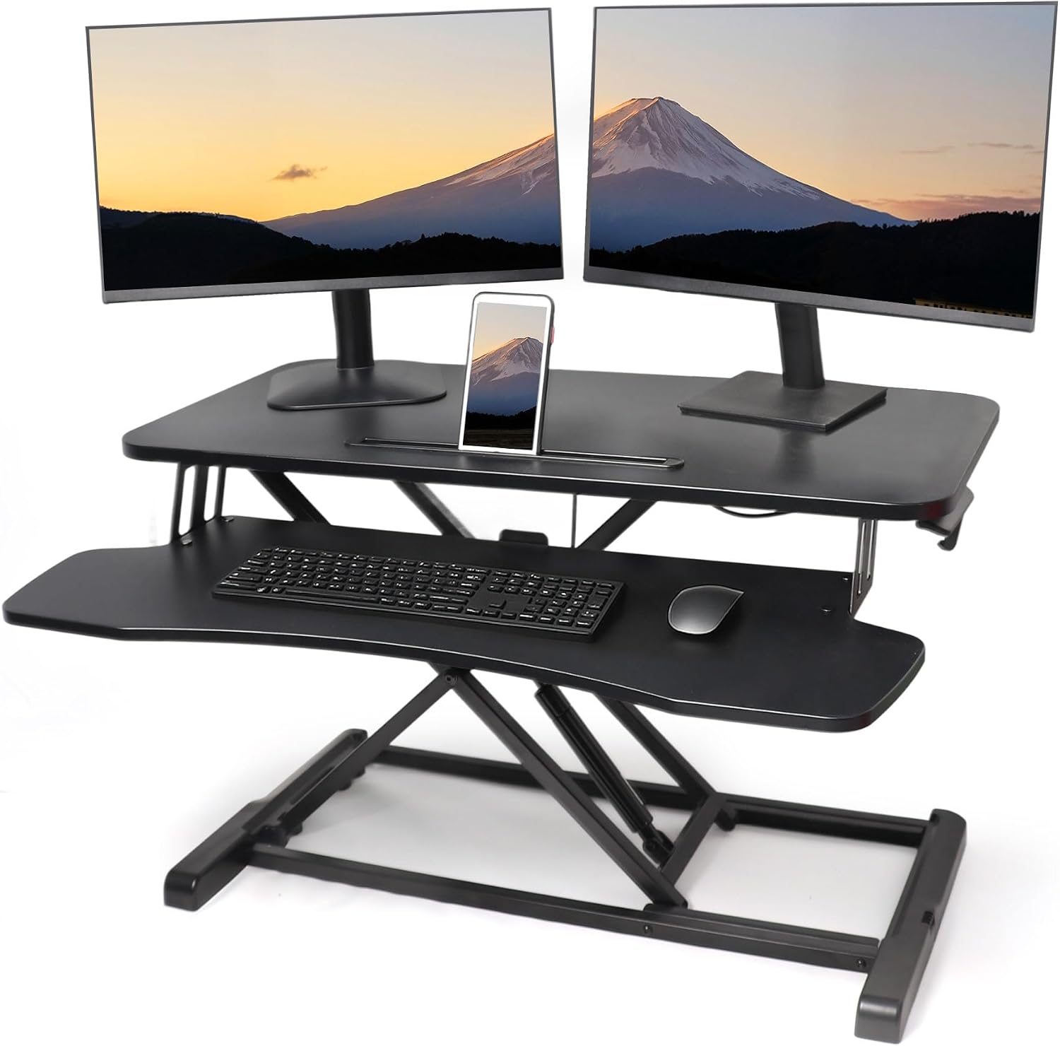 32 inch Standing Desk Converter, Height Adjustable Sit Stand Riser for Home Office,Stand Up Desk Riser, Quick Sit to Stand Tabletop with Keyboard Tray，Black