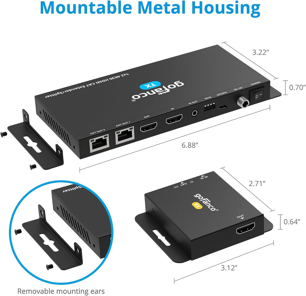 gofanco 4K 1x2 HDMI Extender Splitter Over CAT6/7 – 131ft (40m) at 4K 30Hz, 230ft (70m) at 1080p, HDCP 1.4, Poc, IR, HDMI Loopout, RS232 Control, Surge/Lightning/ESD Protection (HD14Ext-2P v2.0)