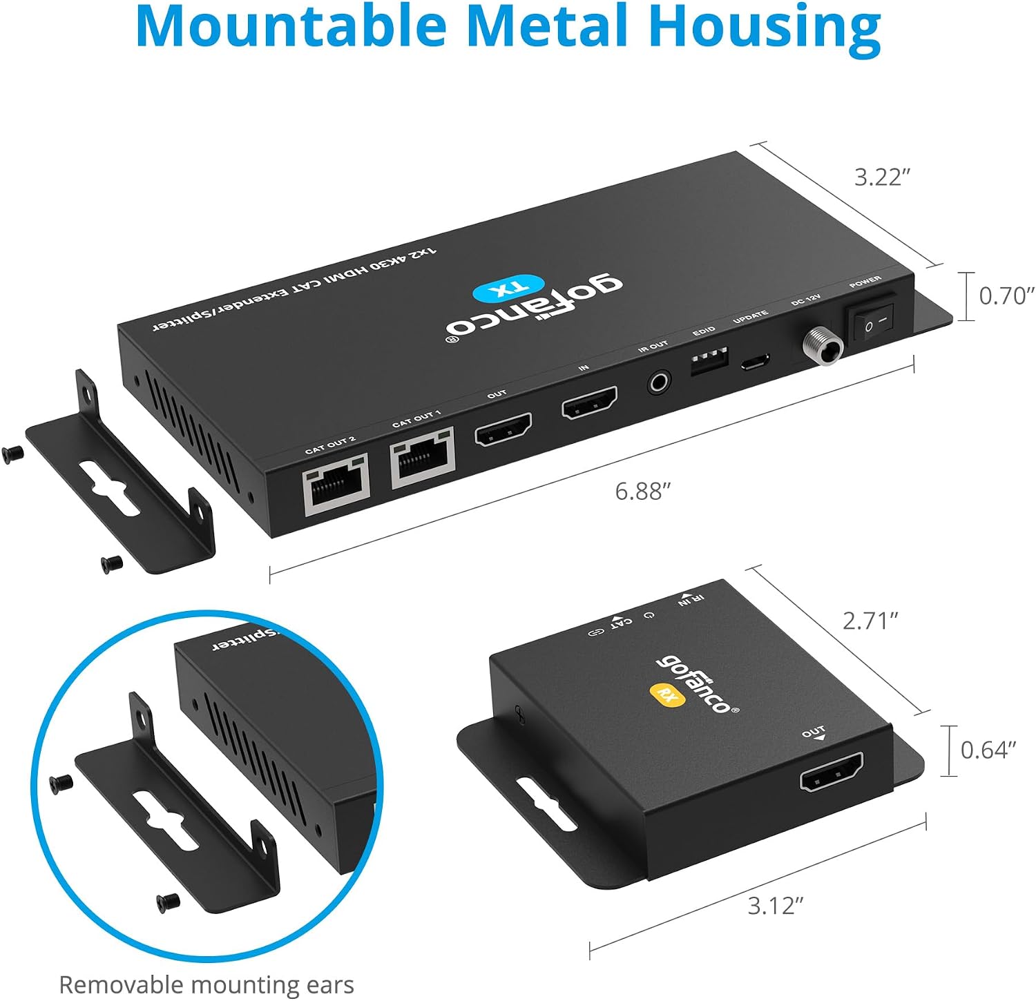 gofanco 4K 1x2 HDMI Extender Splitter Over CAT6/7 – 131ft (40m) at 4K 30Hz, 230ft (70m) at 1080p, HDCP 1.4, Poc, IR, HDMI Loopout, RS232 Control, Surge/Lightning/ESD Protection (HD14Ext-2P v2.0)