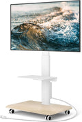 YOMT Rolling TV Stand with Power Outlet, Swivel Portable TV Stand for 32-70 inch TVs up to 88 lbs, Height Adjustable Mobile TV Cart with Wood Base for Optimal Viewing, White