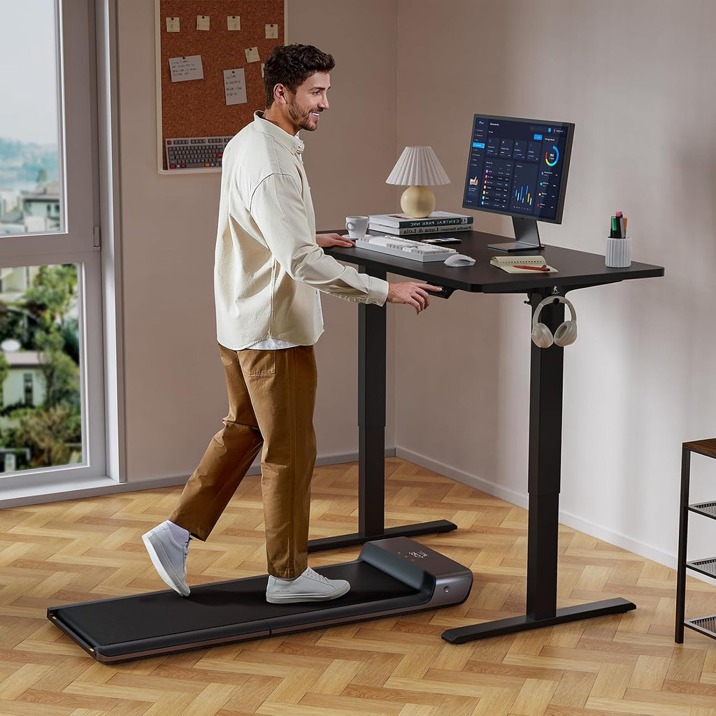 WALKINGDESK 55x24 Inches Height Adjustable Electric Standing Desk with 2 Hooks for Home Office, Ergonomic Sit Stand up Desk with Splice Board, Black