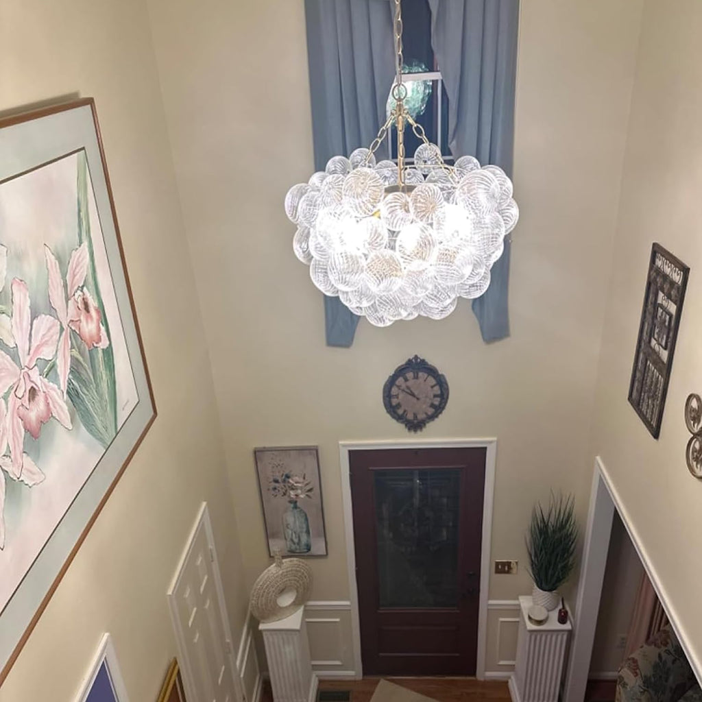Longree Nordic Bubble Ball Swirled Glass Chandelier, Diam 24 inch Gild Gold and Clear Blown Glass Hanging Pendant Light Fixture for Bedroom Study Restaurant