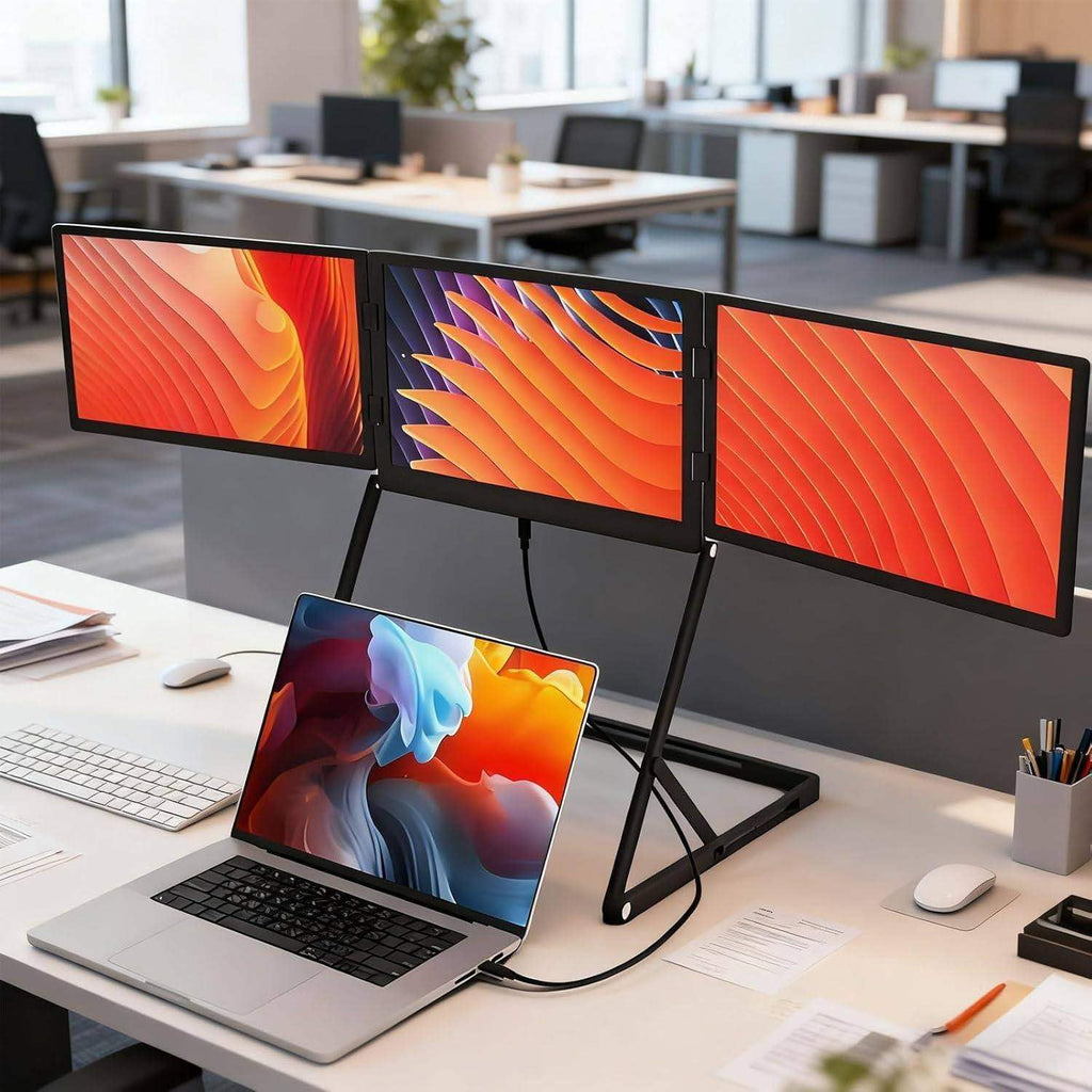 15.6-inch Laptop Screen Extender, Type-C/HDMI/USB-C Triple Monitor with 360° Rotation Angle Viewing Angles, 1080p FHD Portable Triple fold Monitor, Compatible with Windows/Macos/Linux