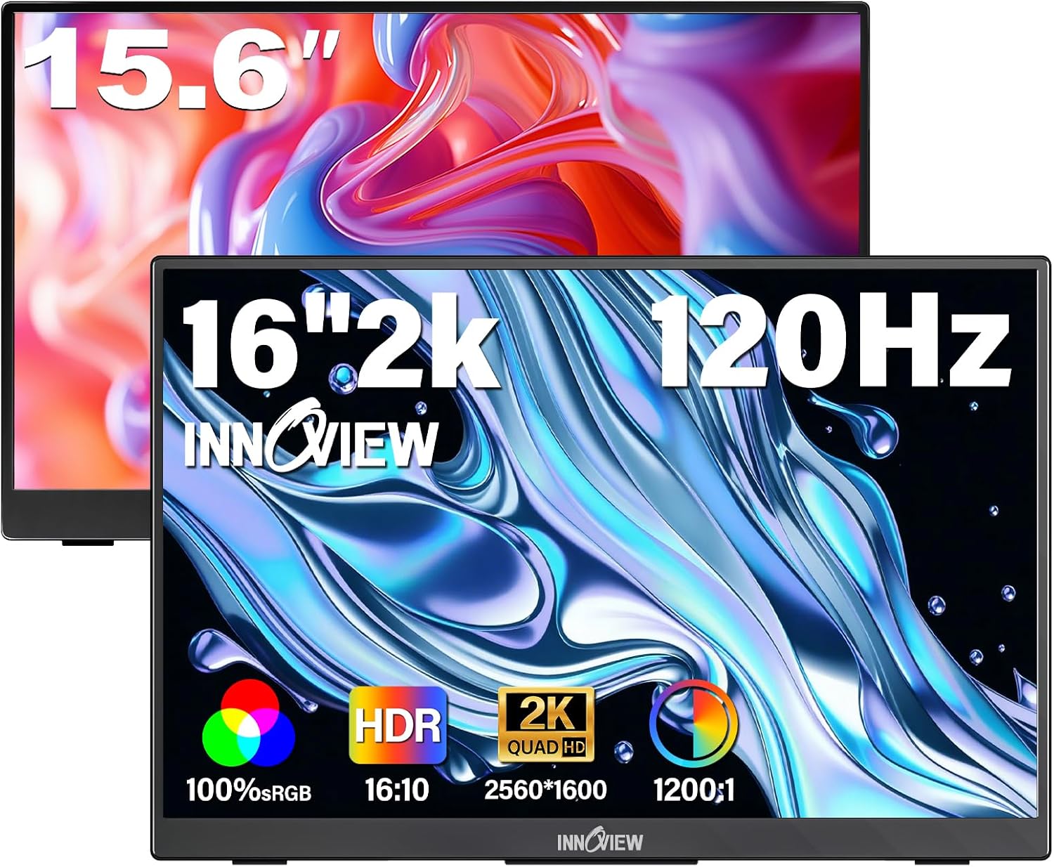 InnoView 16' 2K 120Hz Portable Monitor+15.6' 1080P Portable Monitors for Laptop with Protective Sleeve Built-in 90° Adjustable Stand