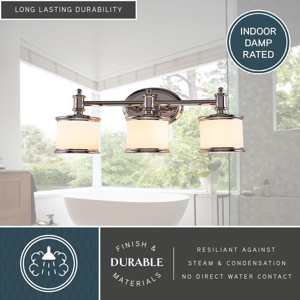 VAXCEL Carlisle 3-Light 22.25 inch Wide Chrome Transitional Bathroom Vanity Lighting Fixture, White Frosted Opal Glass Shade, Dimmable, LED Compatible, Reversible Over The Mirror Mounted Wall Sconce