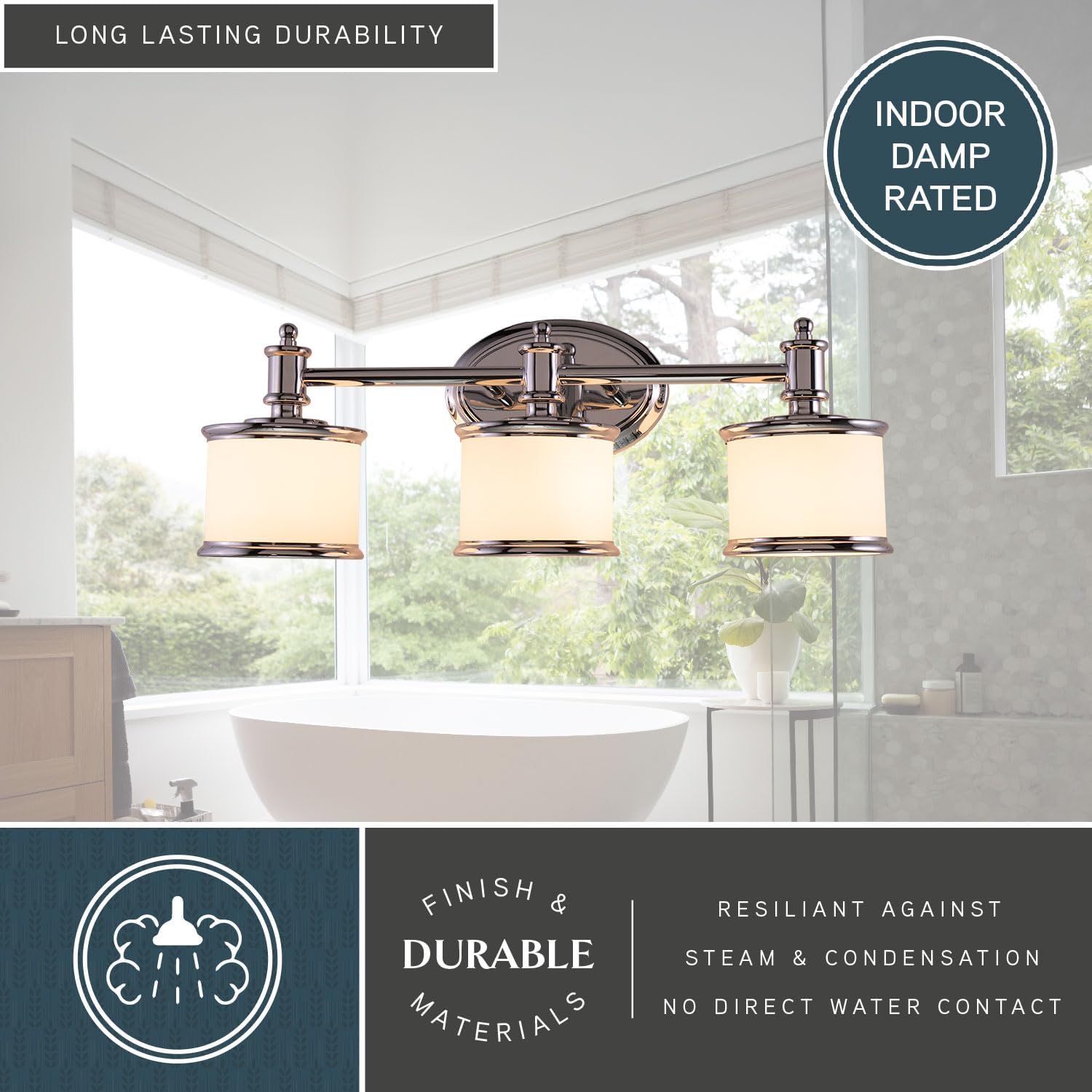 VAXCEL Carlisle 3-Light 22.25 inch Wide Chrome Transitional Bathroom Vanity Lighting Fixture, White Frosted Opal Glass Shade, Dimmable, LED Compatible, Reversible Over The Mirror Mounted Wall Sconce