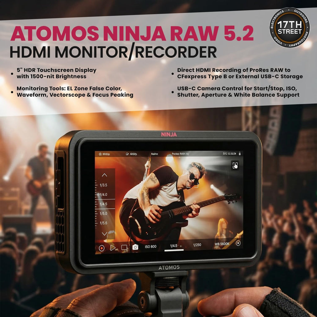 Atomos Ninja RAW Monitor/Recorder with Camera Control for HDMI & Mirrorless Cameras - 5 inch HDR Resolution with Universal Power Kit and Aluminum Alloy 1/4' Camera Hot Shoe Mount (2 Pack), Bundle Kit