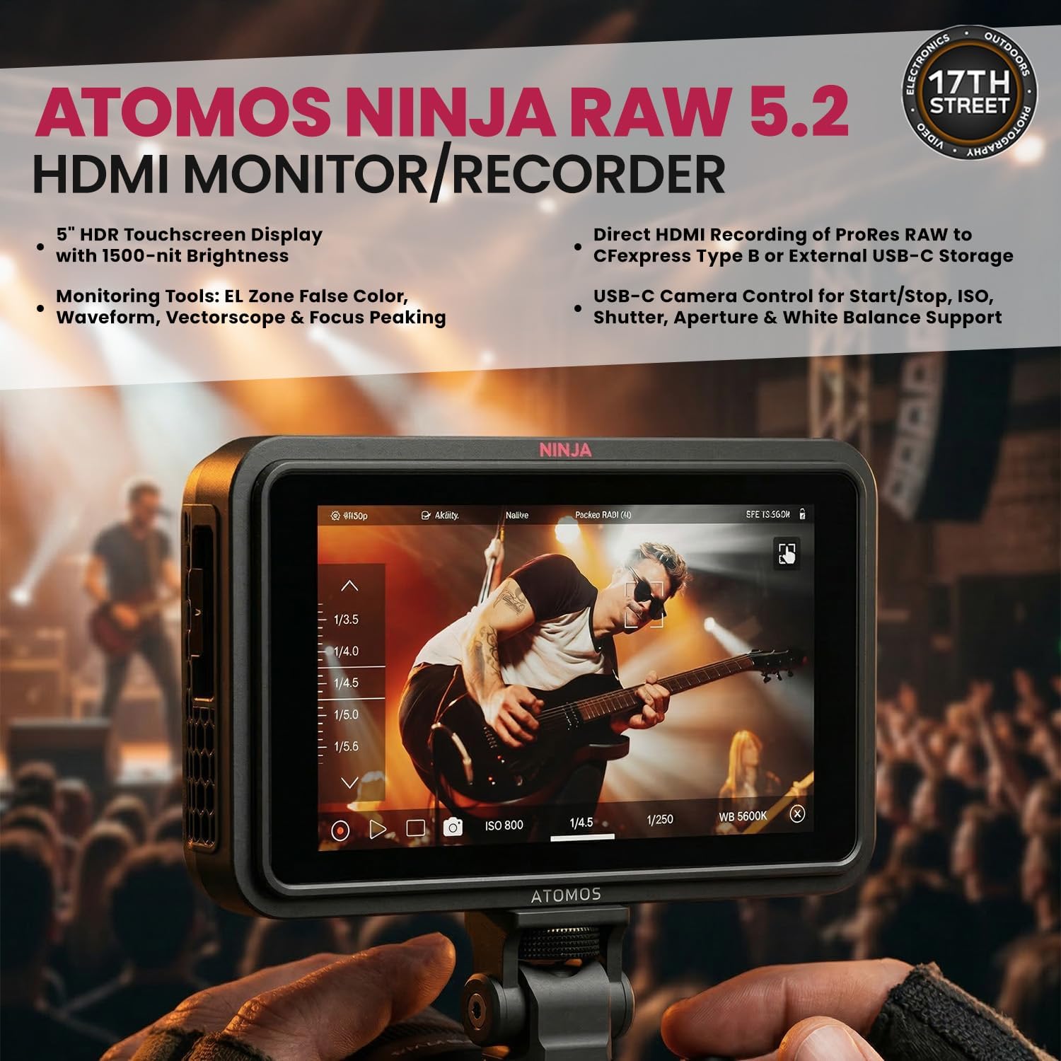 Atomos Ninja RAW Monitor/Recorder with Camera Control for HDMI & Mirrorless Cameras - 5 inch HDR Resolution with Universal Power Kit and Aluminum Alloy 1/4' Camera Hot Shoe Mount (2 Pack), Bundle Kit