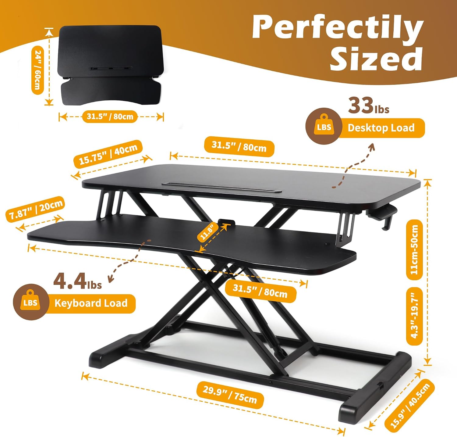 32 inch Standing Desk Converter, Height Adjustable Sit Stand Riser for Home Office,Stand Up Desk Riser, Quick Sit to Stand Tabletop with Keyboard Tray，Black