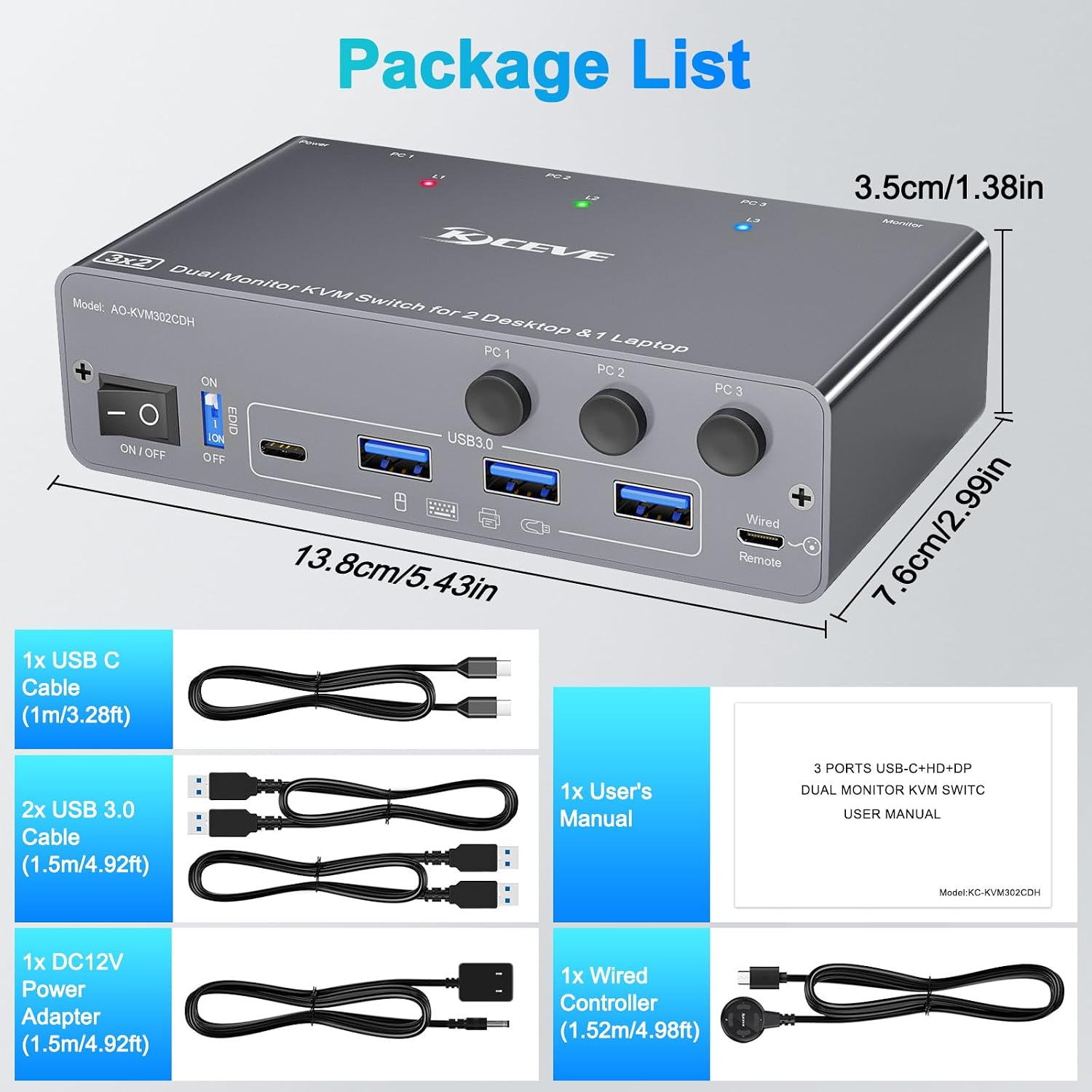 USB C KVM Switch 4K@60Hz,Dual Monitor USB C HDMI DP KVM Switch for 2 PC and 1 Laptop Sharing 2 Monitor and 4 USB3.0 Devices, PD Power for Laptop with Wired Remote Control and USB Cables, Grey 14cm